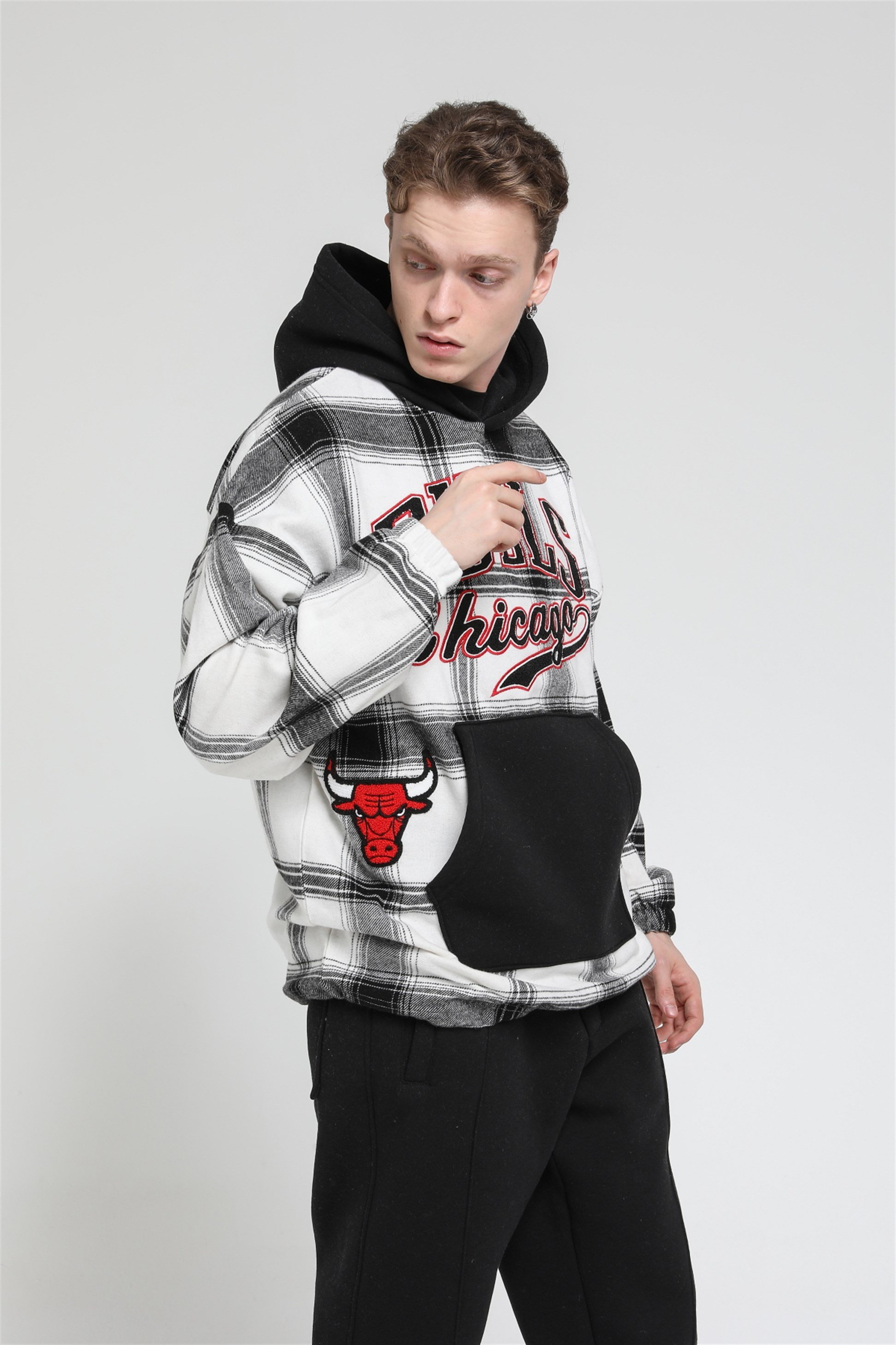 Oversize Ekose Bulls Chicago Kapüşonlu Sweatshirt R-5488