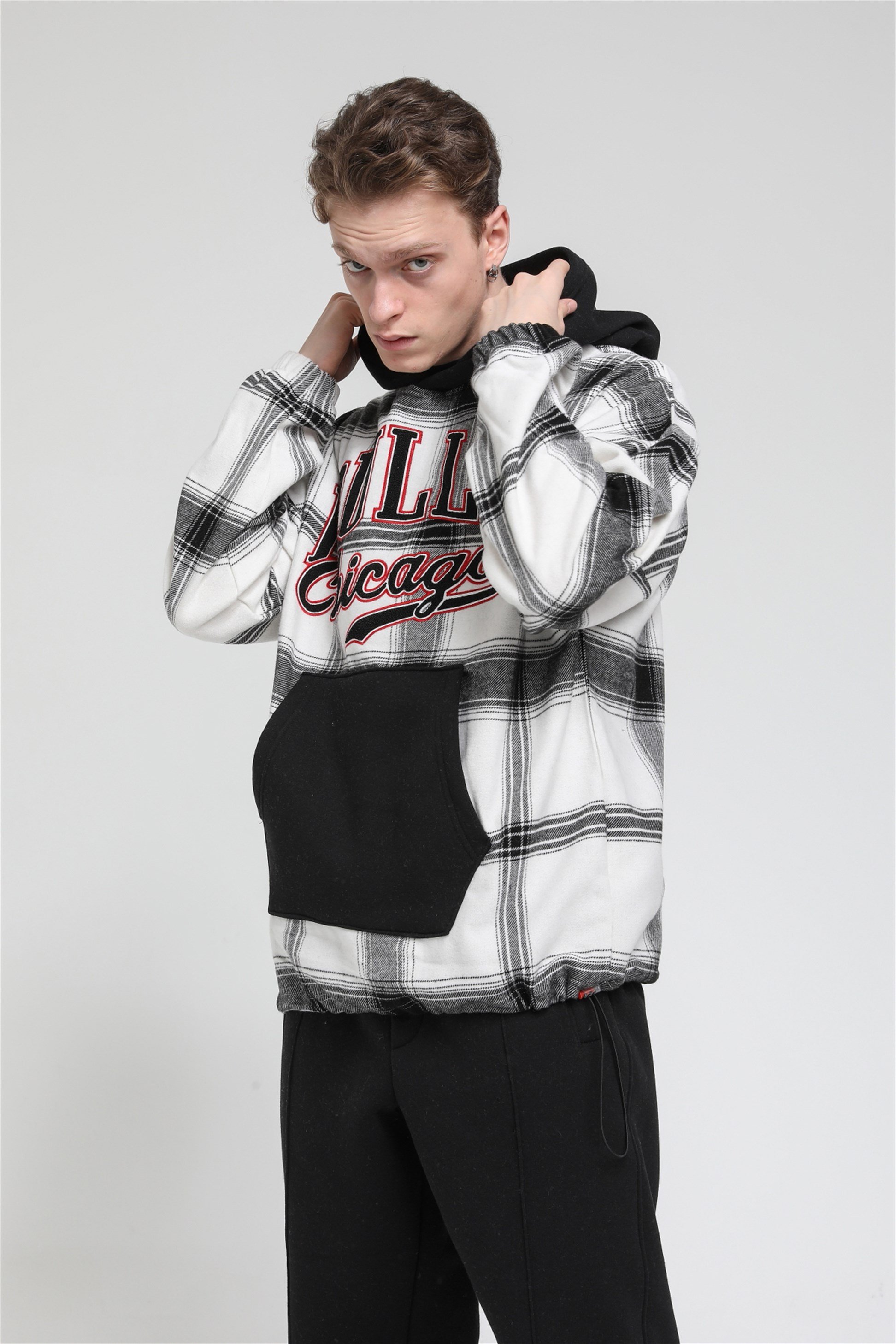 Oversize Ekose Bulls Chicago Kapüşonlu Sweatshirt R-5488