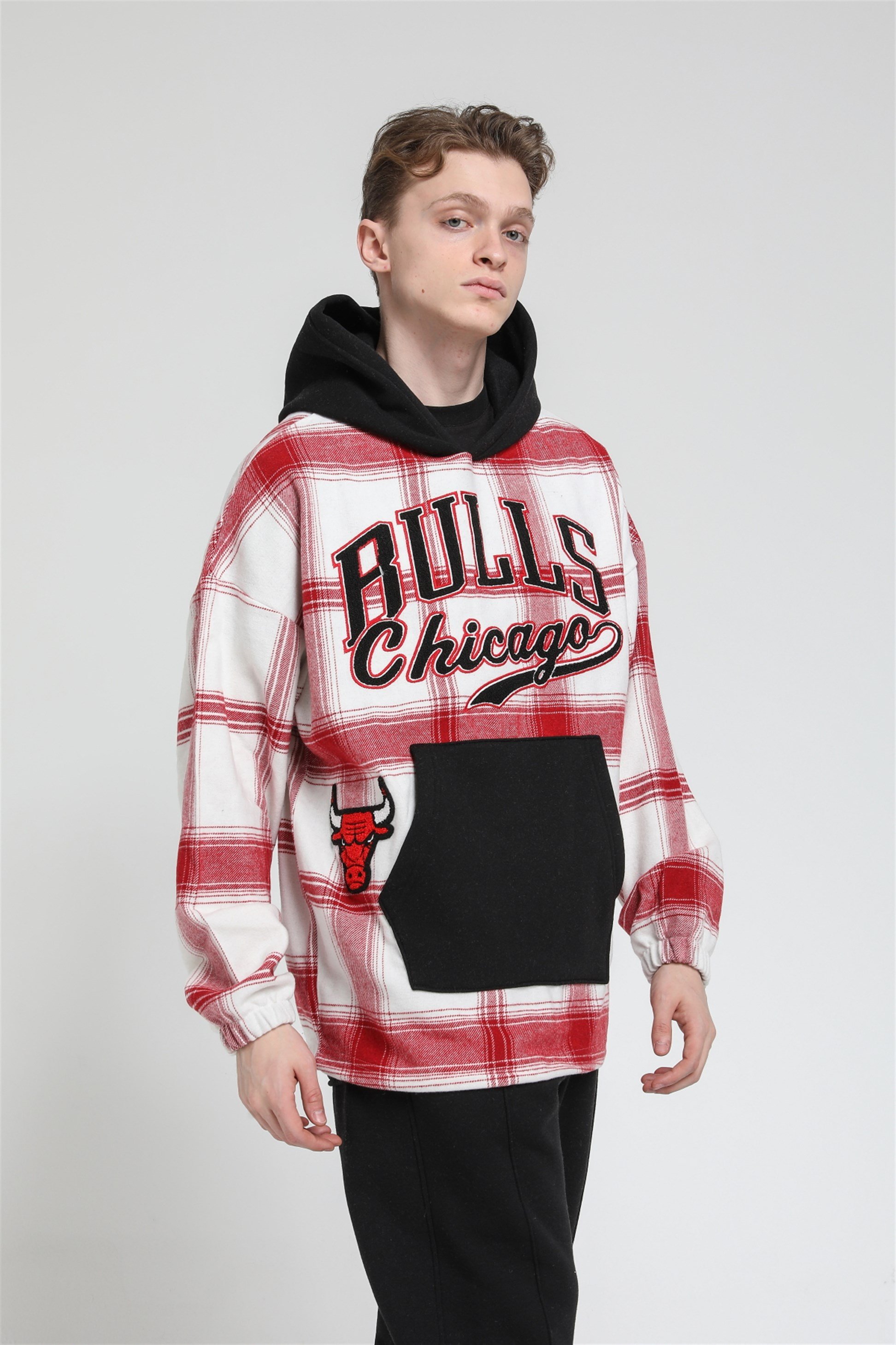 Oversize Ekose Bulls Chicago Kapüşonlu Sweatshirt R-5488