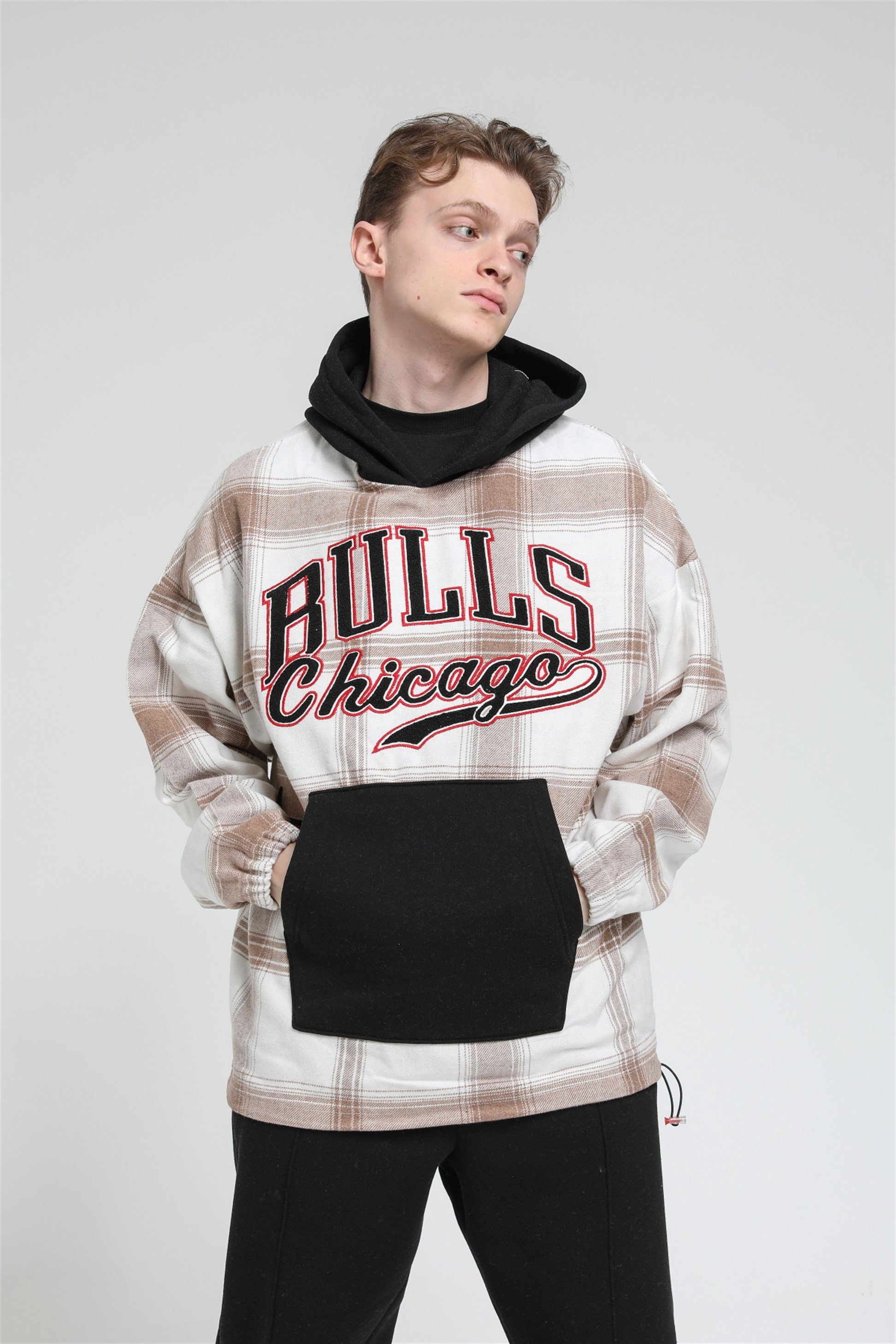 Oversize Ekose Bulls Chicago Kapüşonlu Sweatshirt R-5488