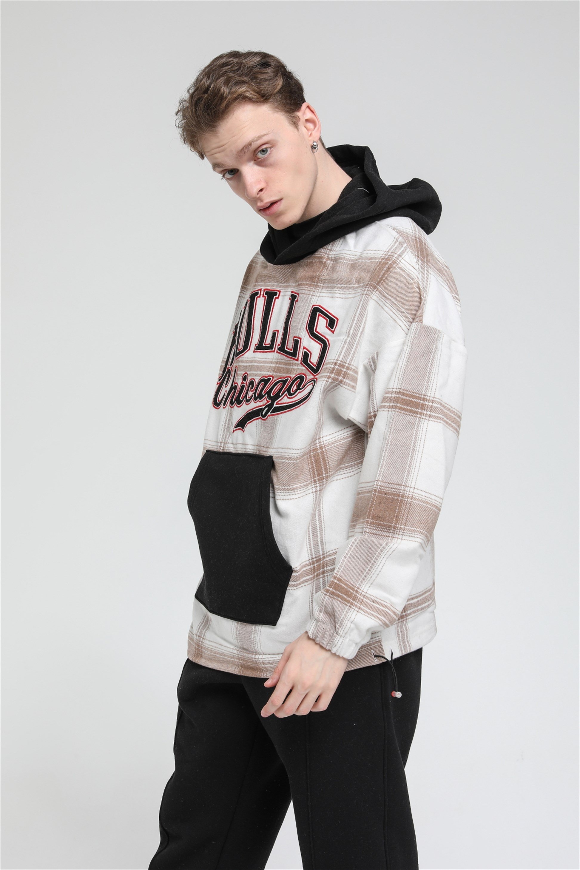 Oversize Ekose Bulls Chicago Kapüşonlu Sweatshirt R-5488