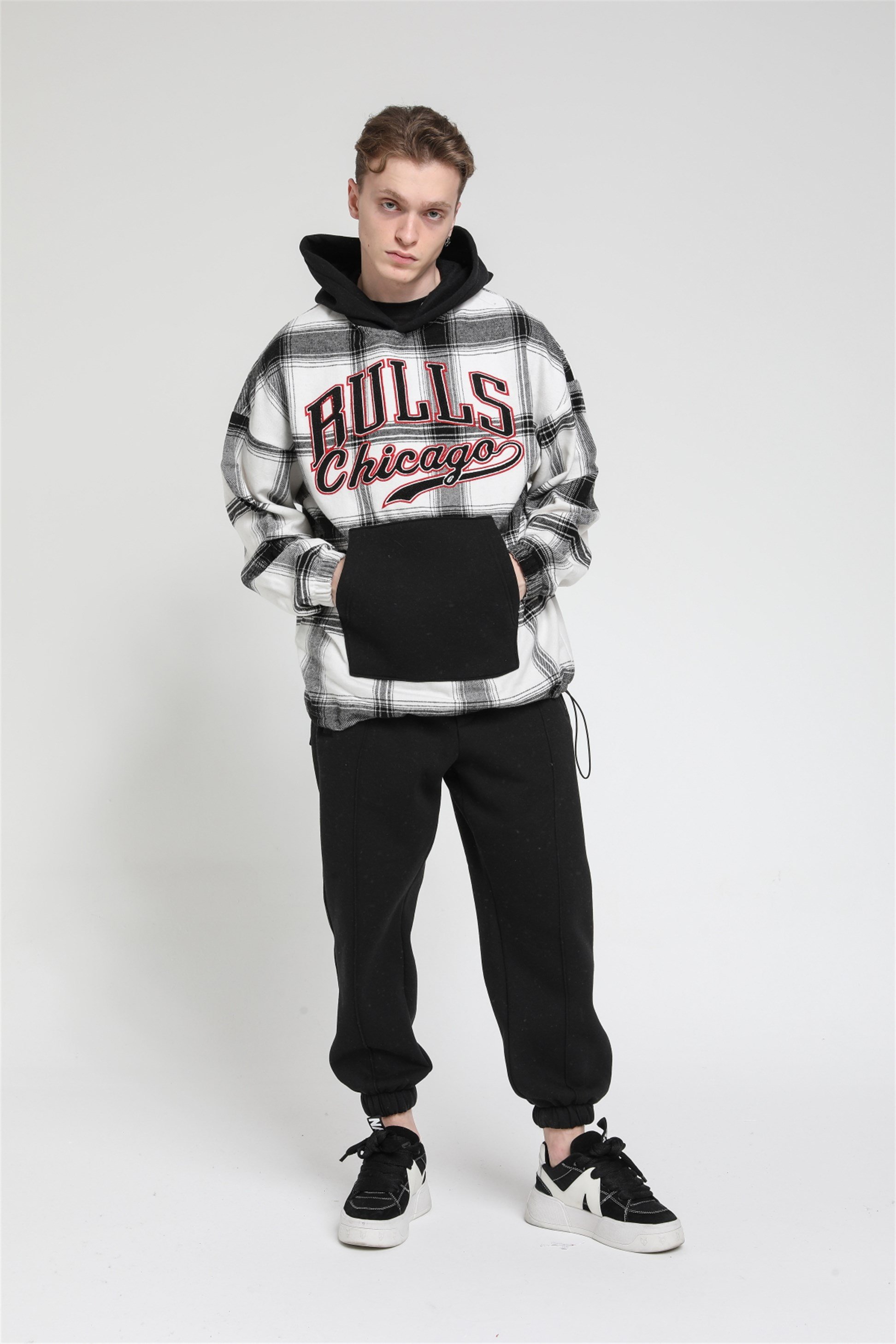 Oversize Ekose Bulls Chicago Kapüşonlu Sweatshirt R-5488
