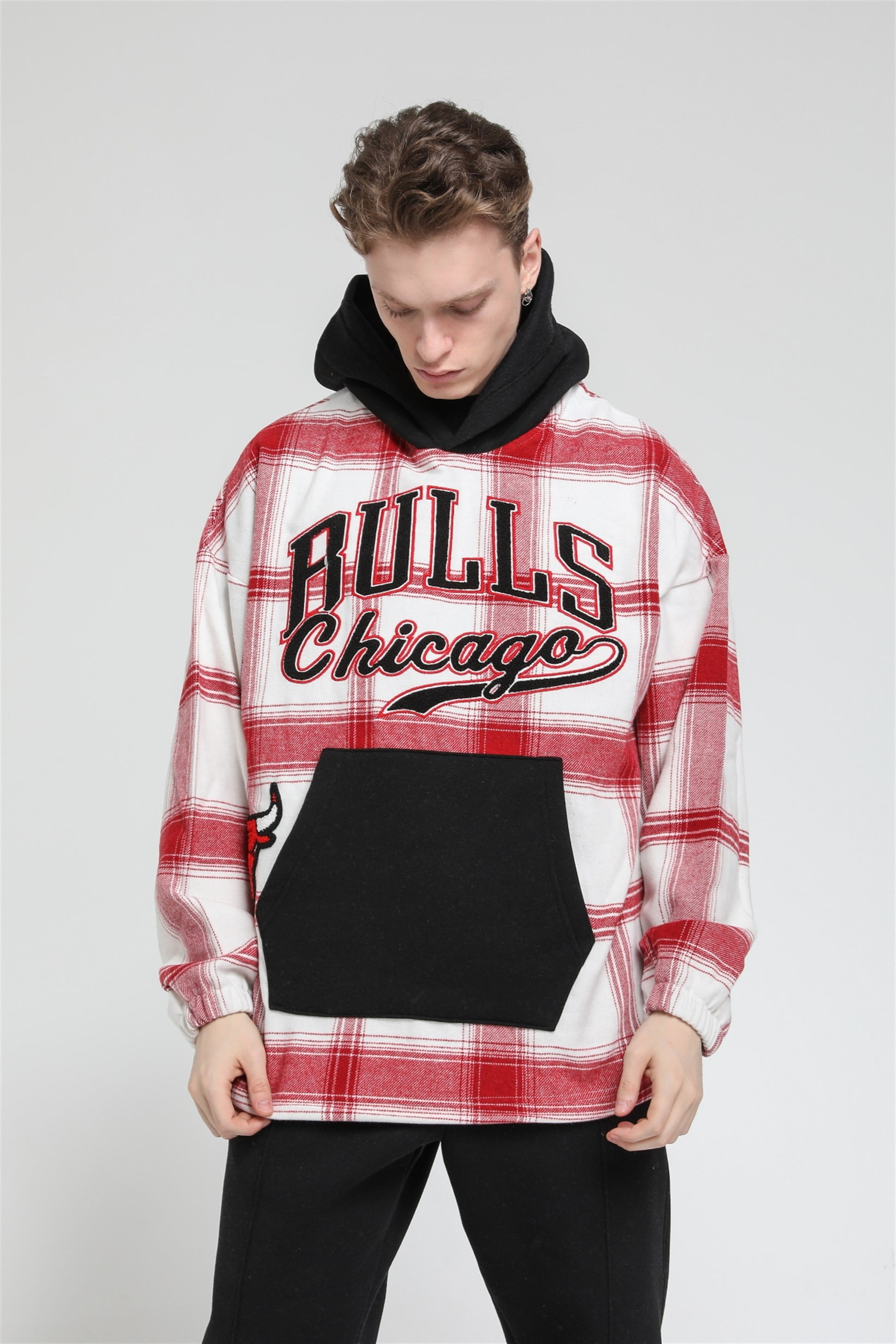Oversize Ekose Bulls Chicago Kapüşonlu Sweatshirt R-5488