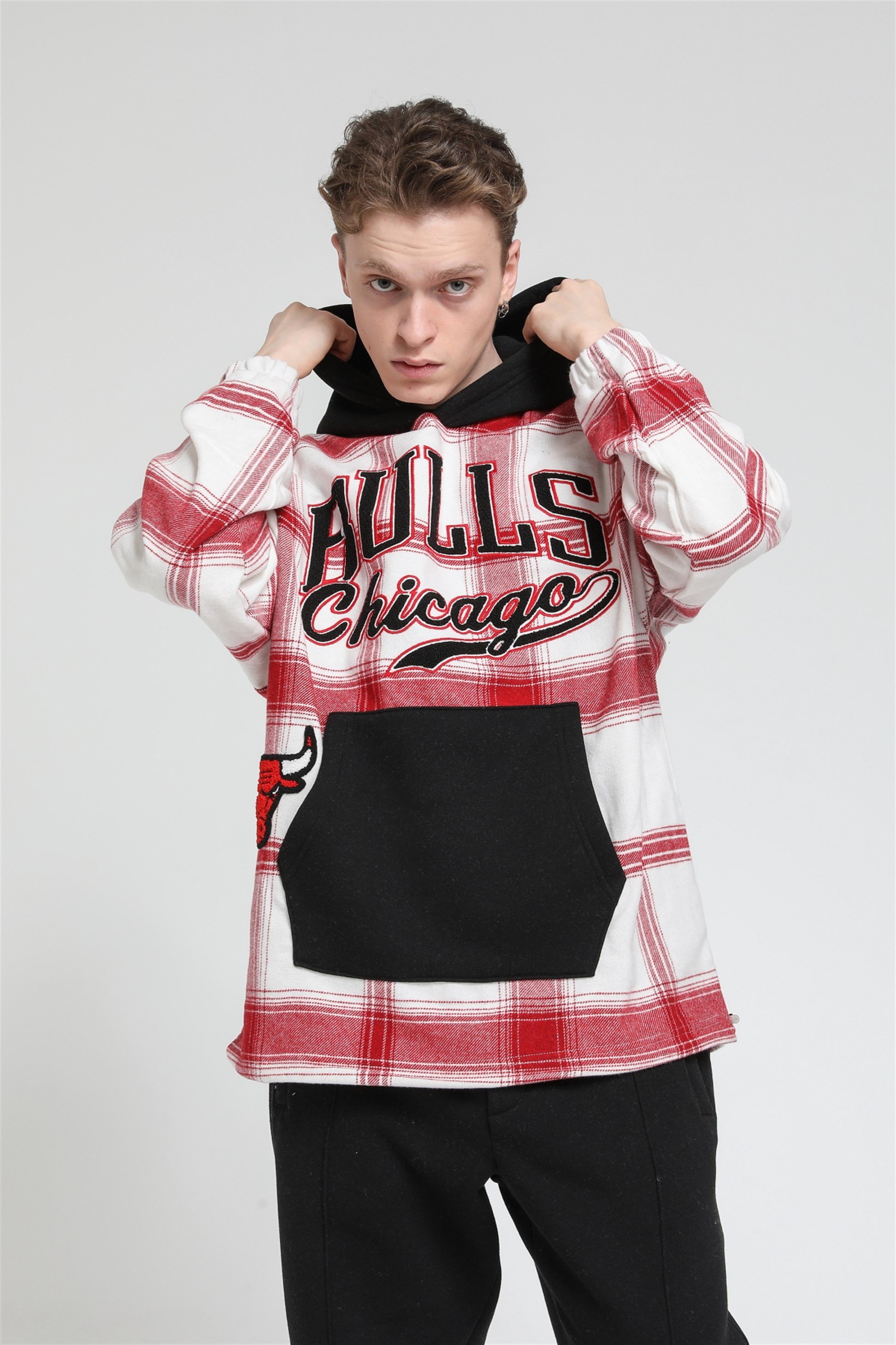 Oversize Ekose Bulls Chicago Kapüşonlu Sweatshirt R-5488
