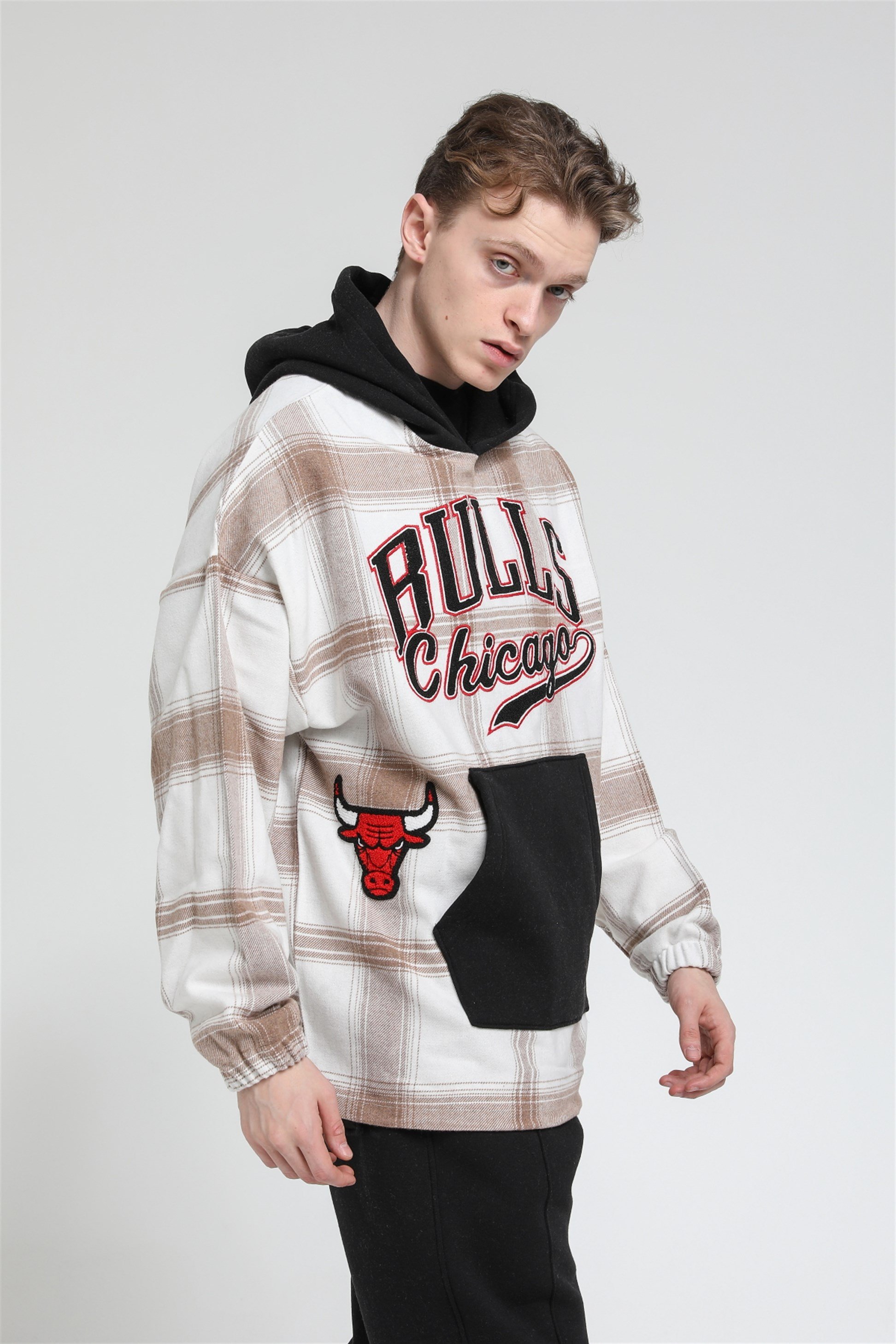 Oversize Ekose Bulls Chicago Kapüşonlu Sweatshirt R-5488