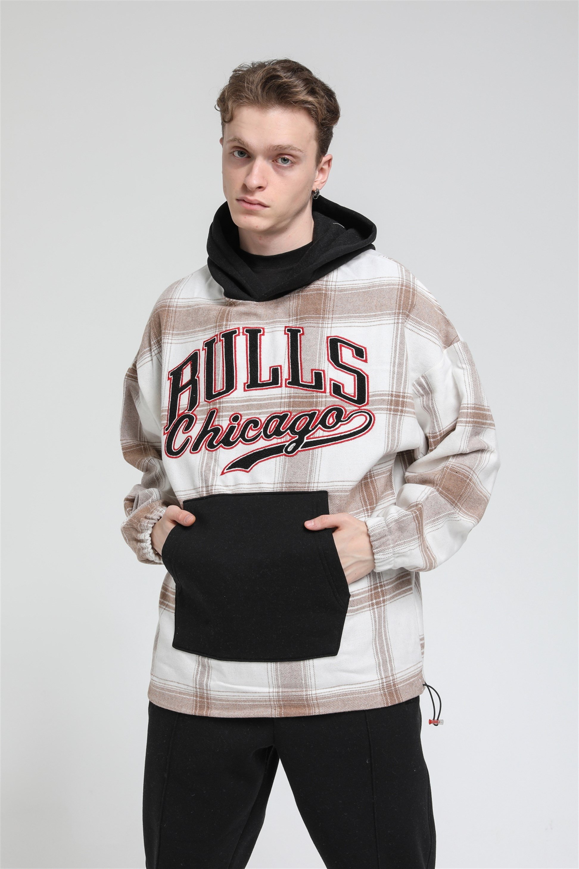 Oversize Ekose Bulls Chicago Kapüşonlu Sweatshirt R-5488