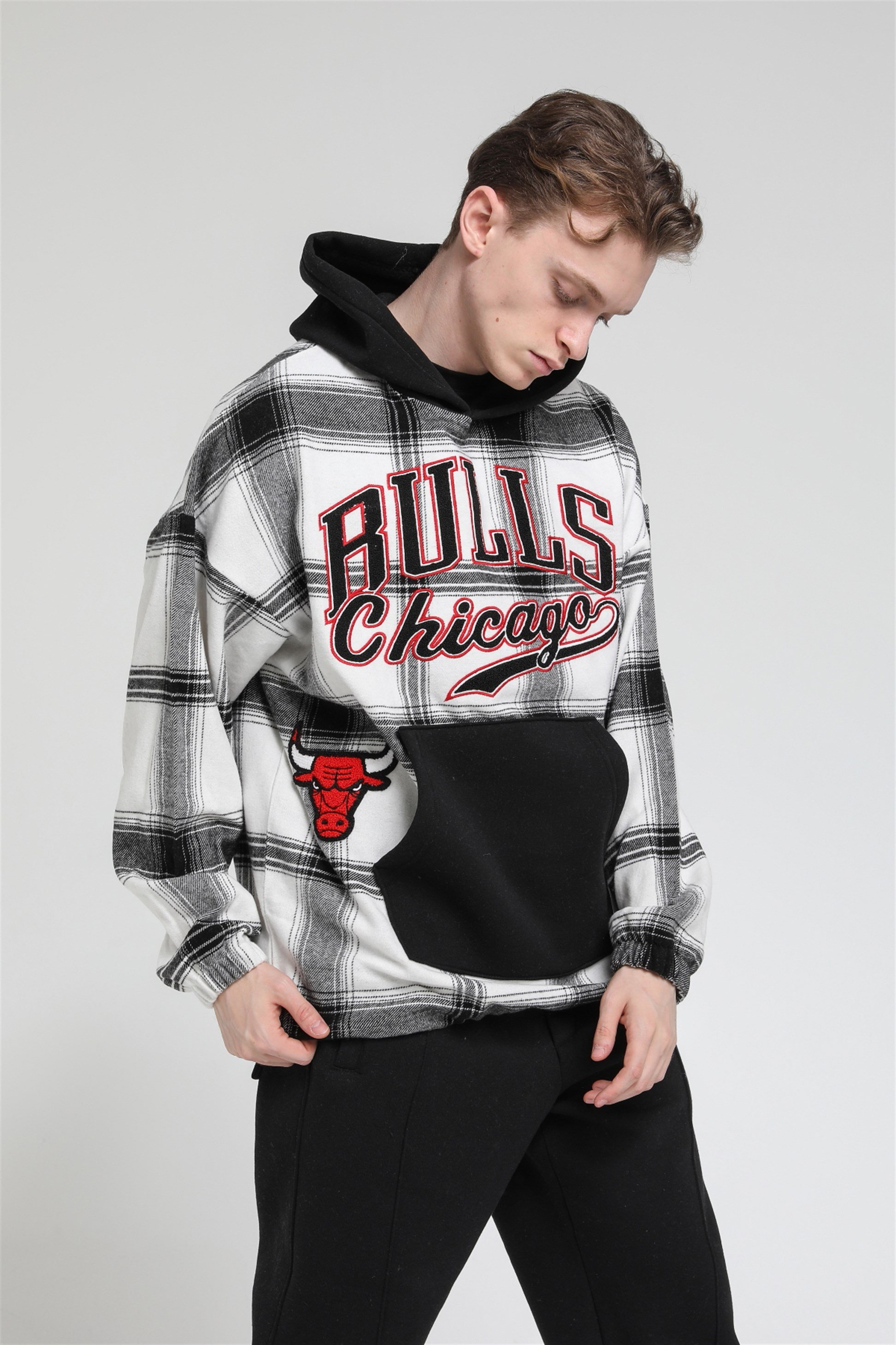 Oversize Ekose Bulls Chicago Kapüşonlu Sweatshirt R-5488