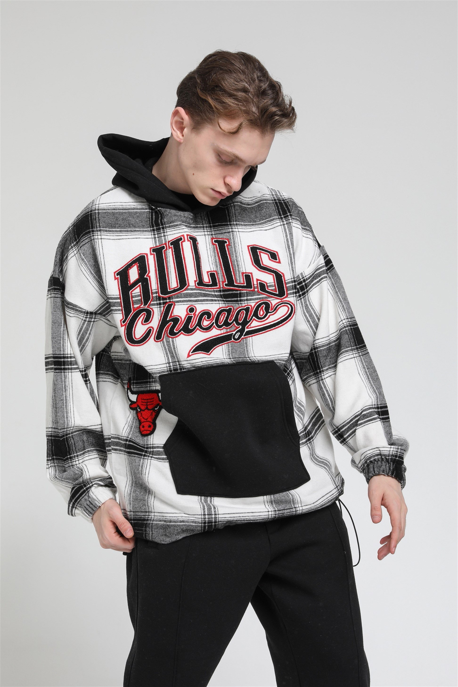 Oversize Ekose Bulls Chicago Kapüşonlu Sweatshirt R-5488