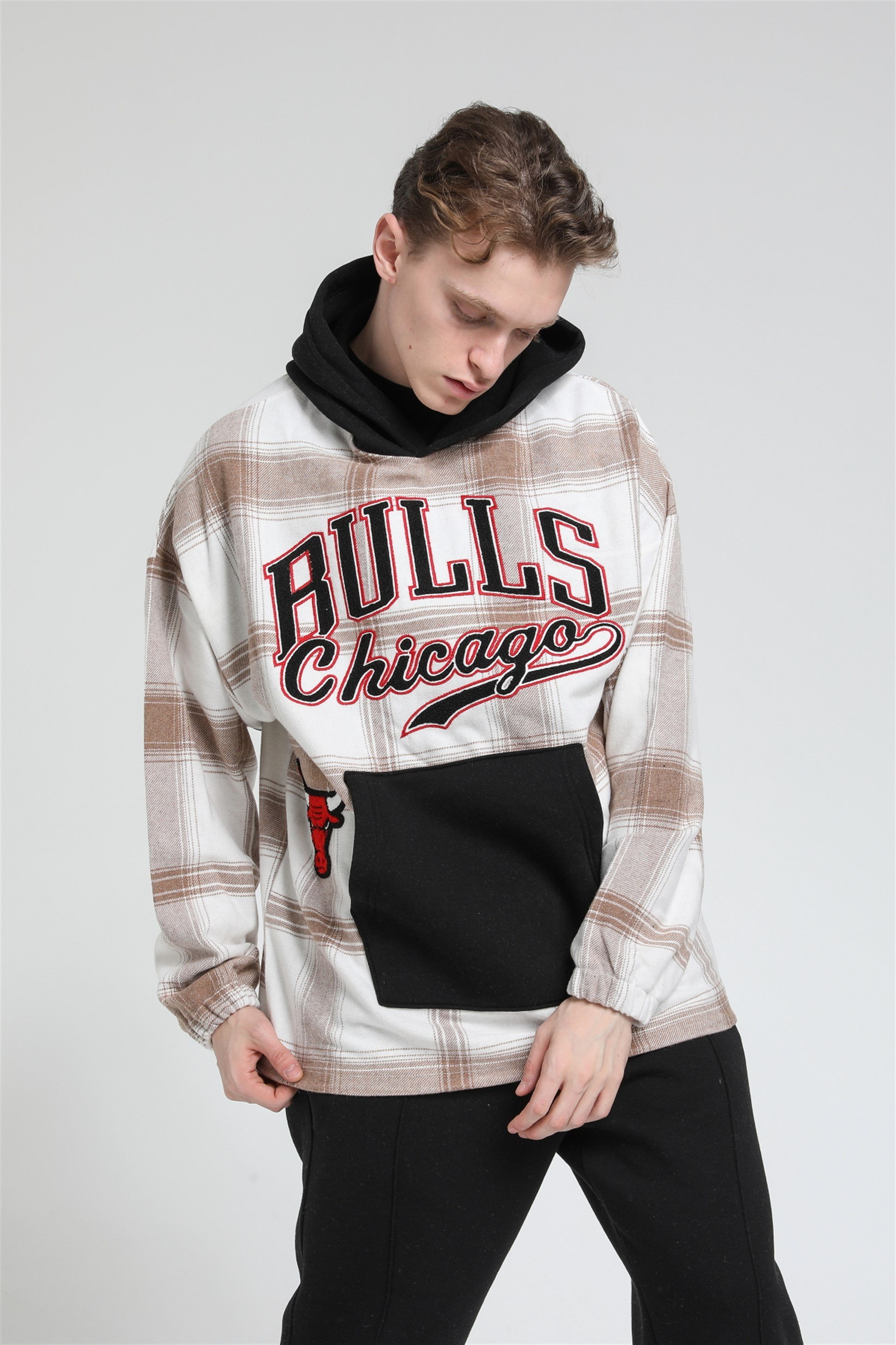 Oversize Ekose Bulls Chicago Kapüşonlu Sweatshirt R-5488