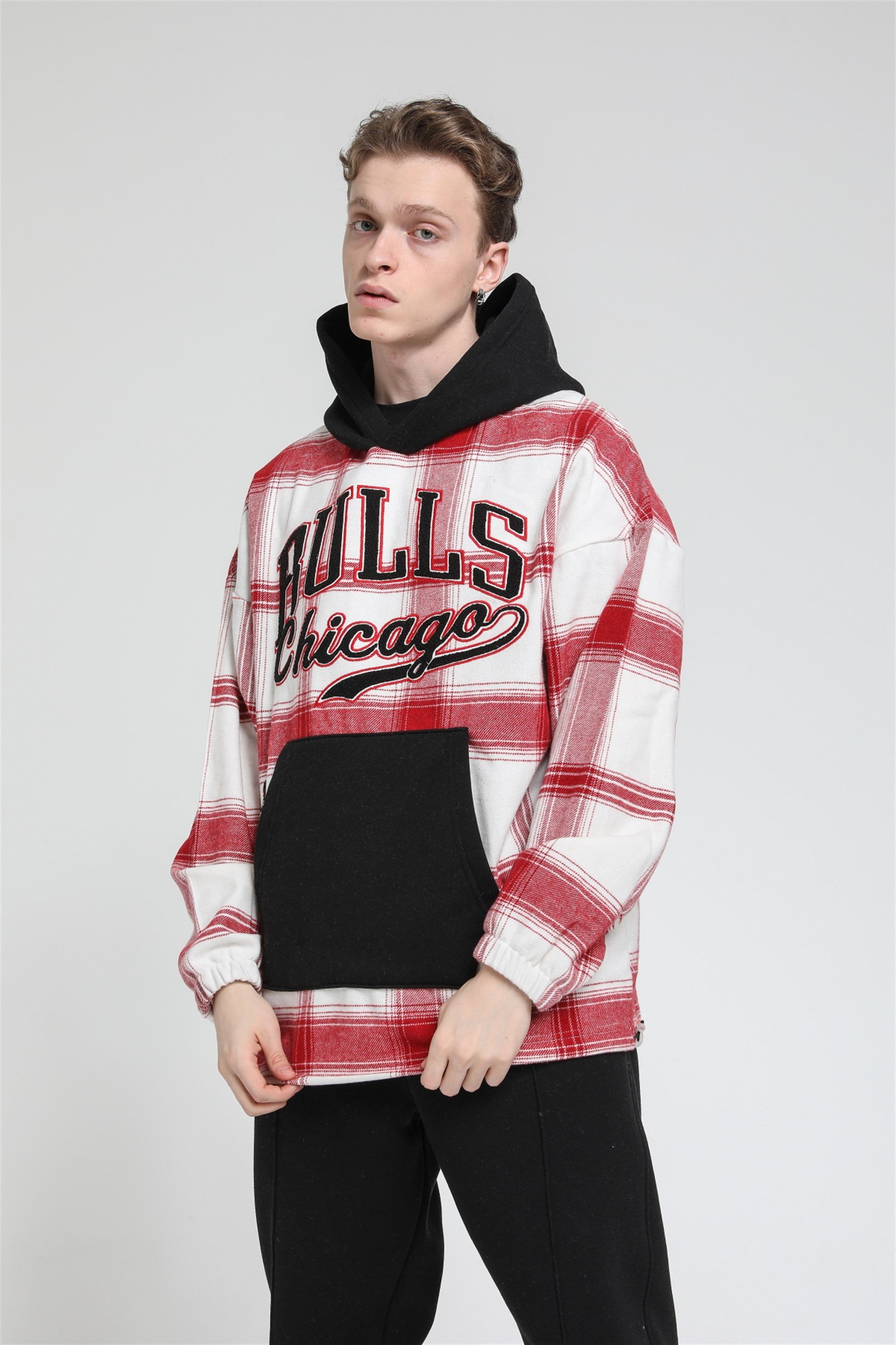 Oversize Ekose Bulls Chicago Kapüşonlu Sweatshirt R-5488