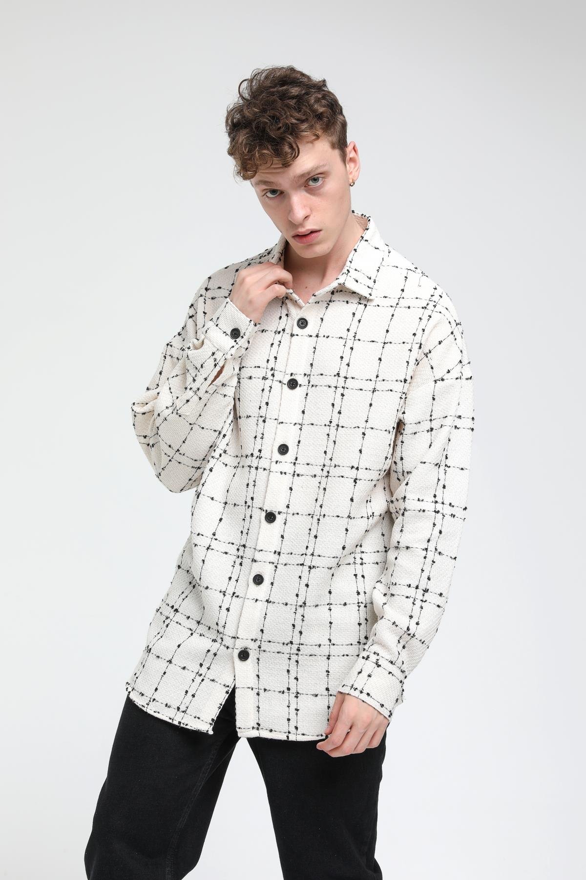 Oversize İnce Çizgili Gömlek R-3536