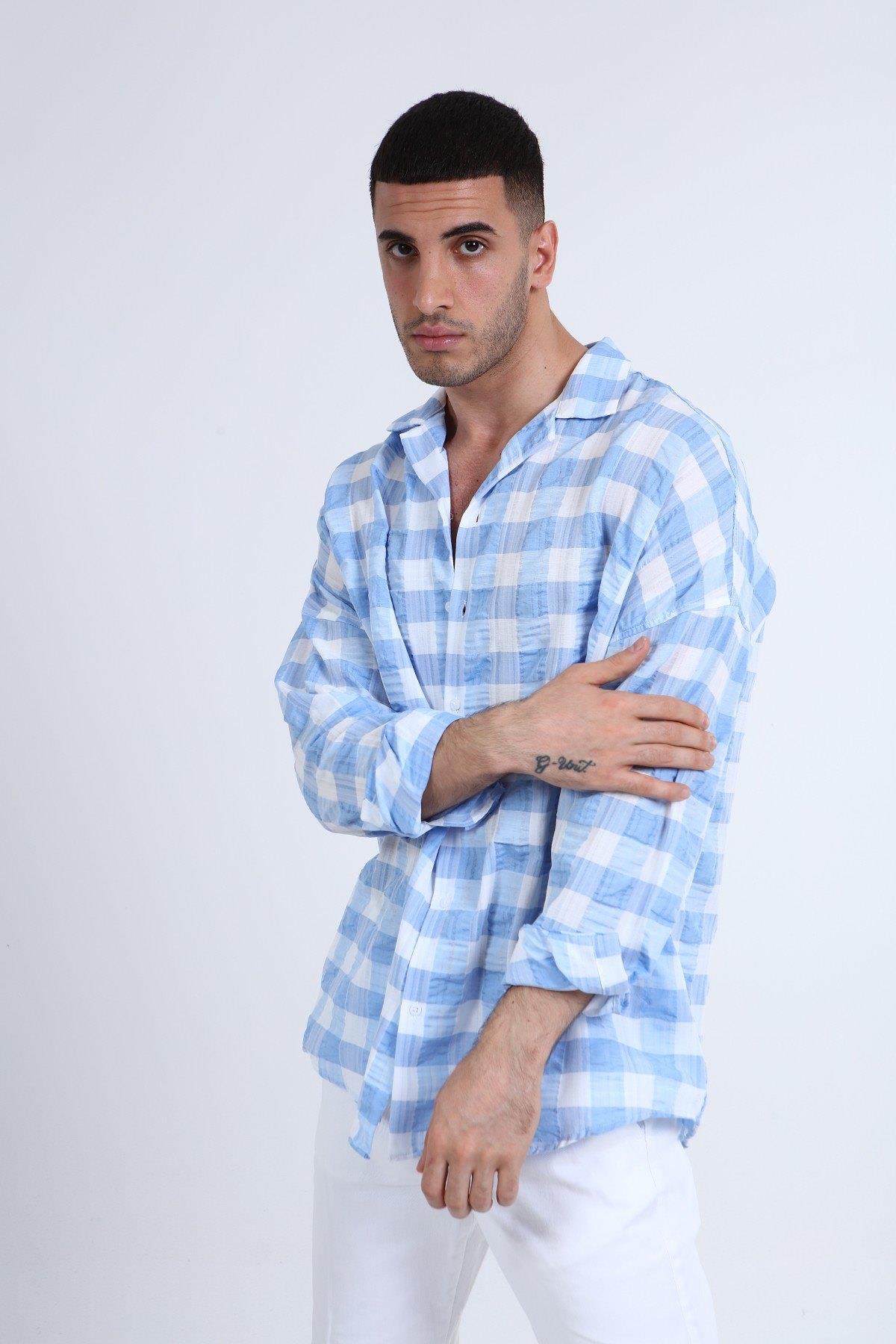 OVERSIZE KARELİ UZUN KOLLU  GÖMLEK R-3273