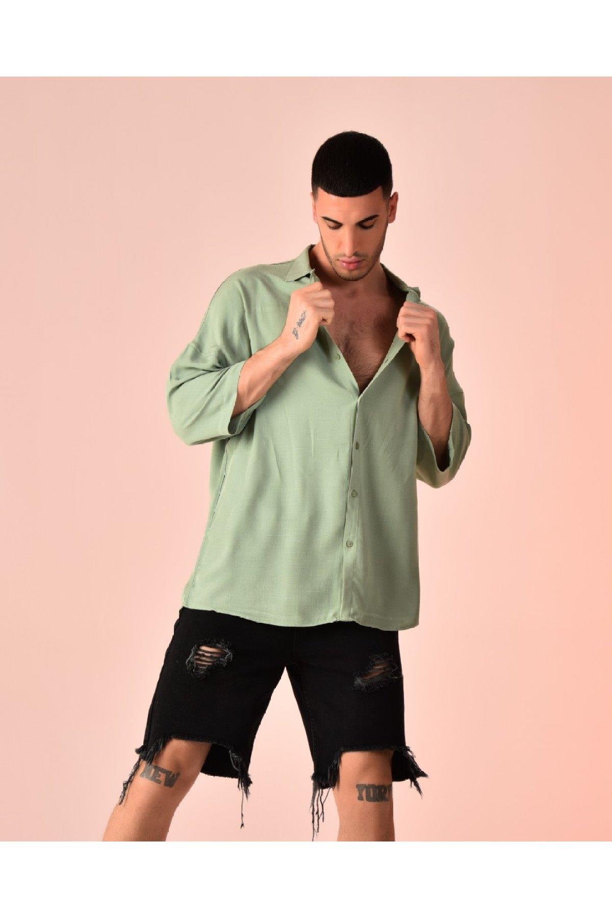 OVERSİZE KISA KOL KETEN GÖMLEK R-3268