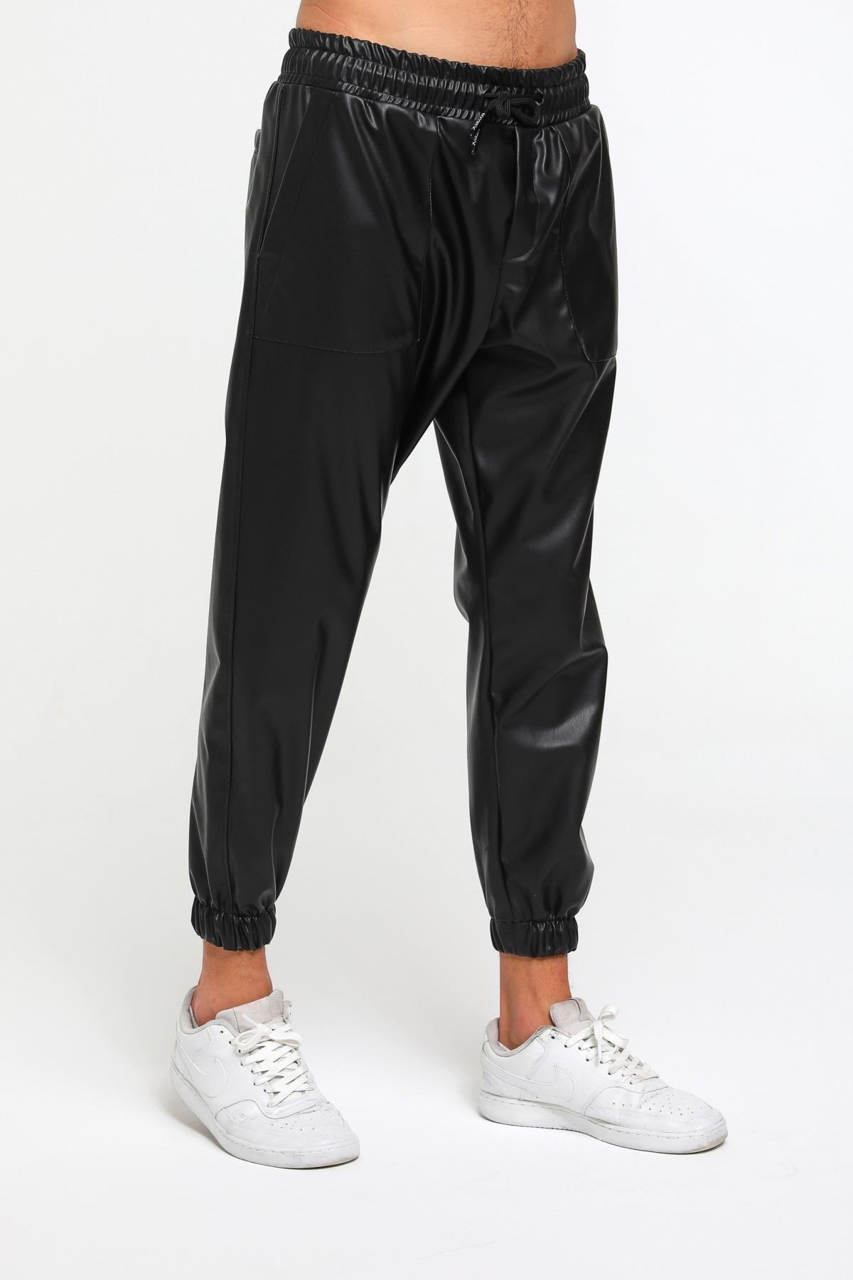 Paçası Lastik Detaylı Deri Jogger Pantolon  R-4144