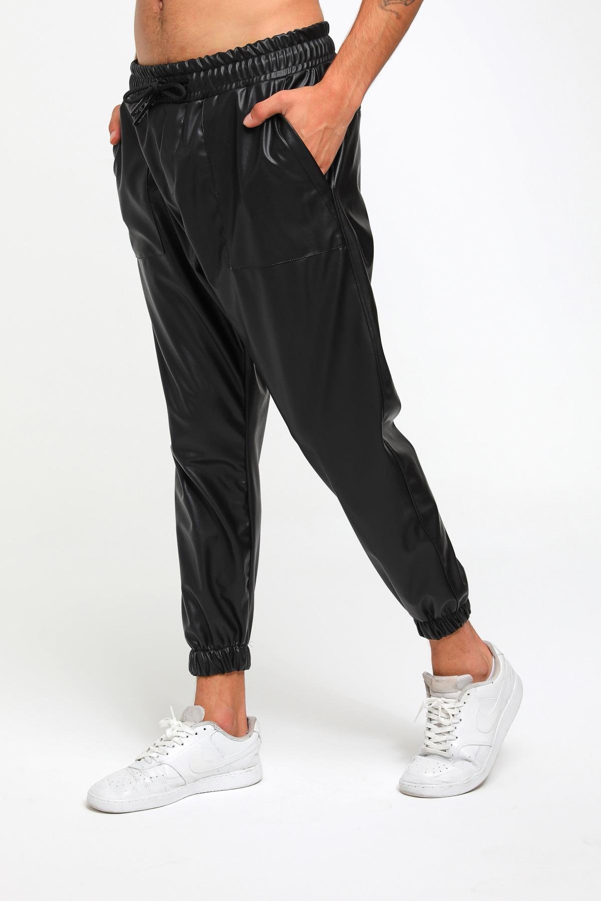Paçası Lastik Detaylı Deri Jogger Pantolon  R-4144