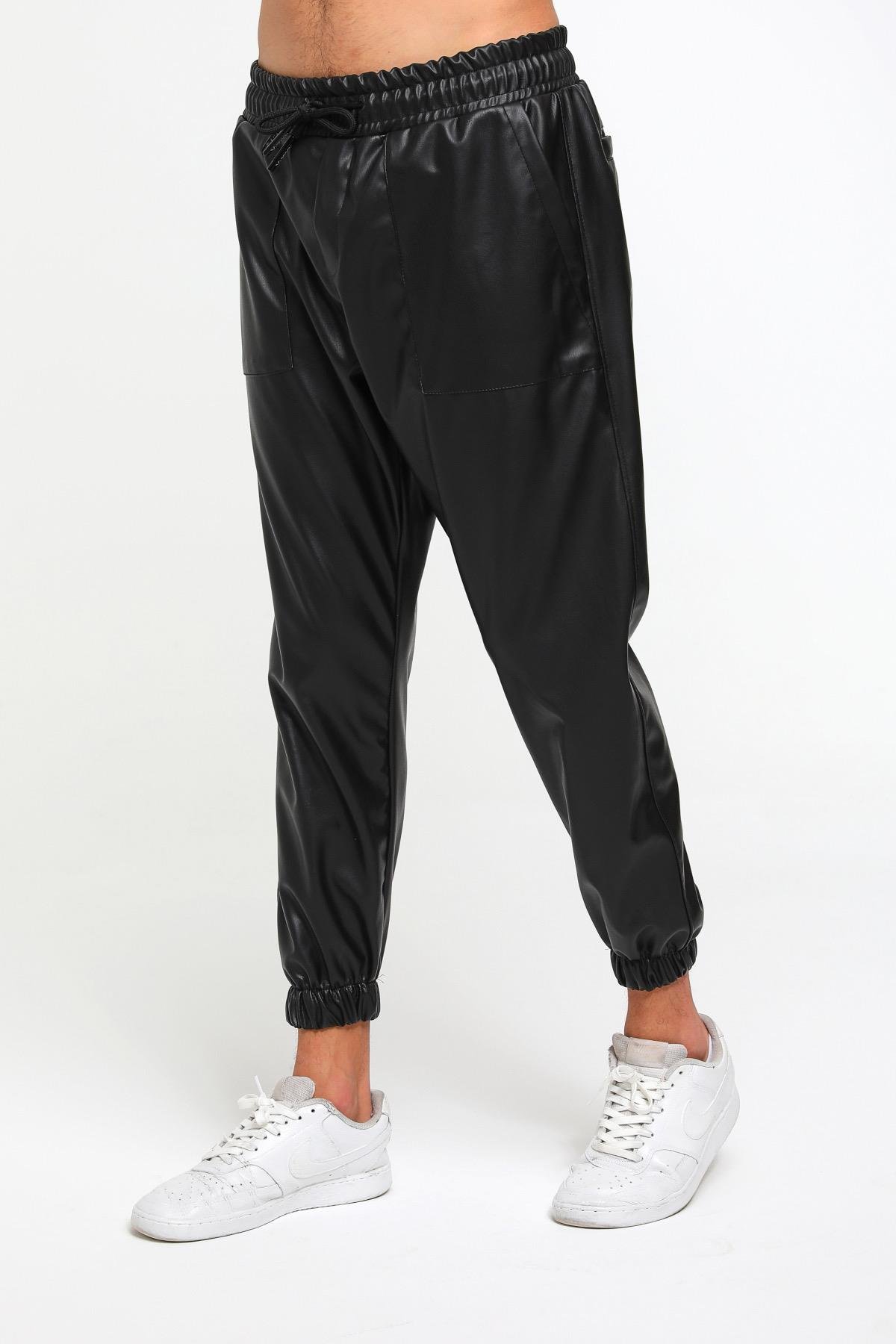Paçası Lastik Detaylı Deri Jogger Pantolon  R-4144
