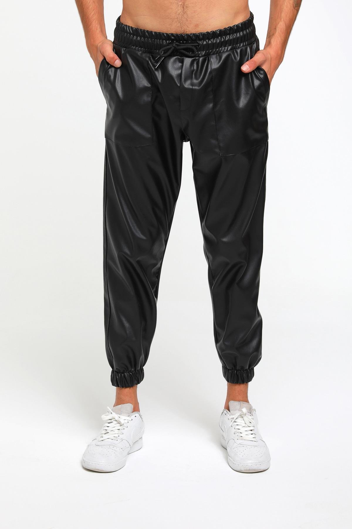 Paçası Lastik Detaylı Deri Jogger Pantolon  R-4144