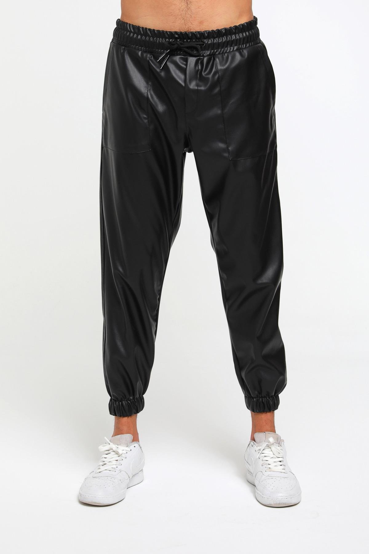 Paçası Lastik Detaylı Deri Jogger Pantolon  R-4144
