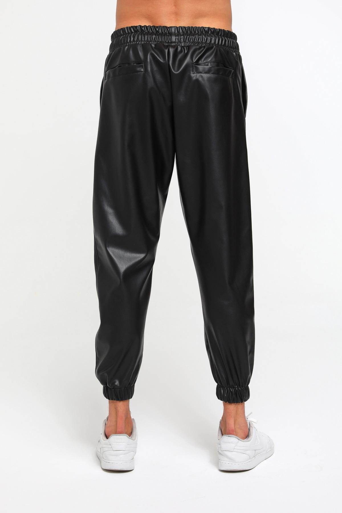 Paçası Lastik Detaylı Deri Jogger Pantolon  R-4144