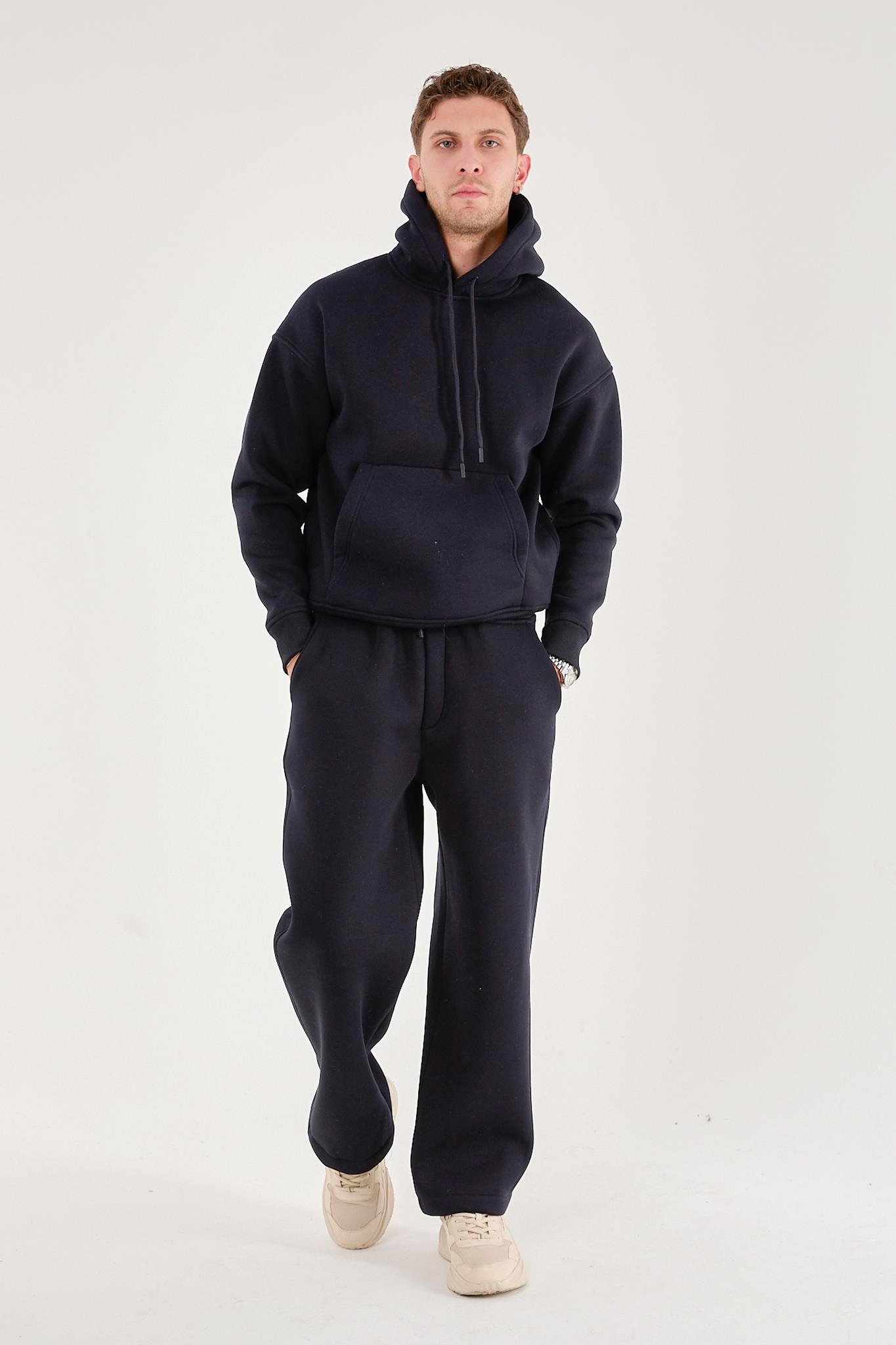 Q-1001 Q-4008 Kapüşonlu Sweat Bel Lastikli Pantolon Üç İplik Şardonlu Takım