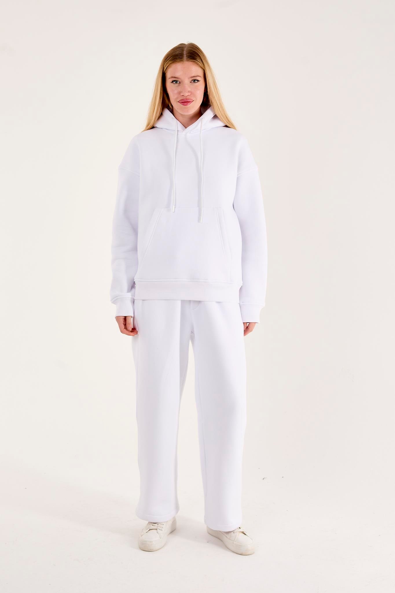 Q-1001 Q-4008 Kapüşonlu Sweat Bel Lastikli Pantolon Üç İplik Şardonlu Takım