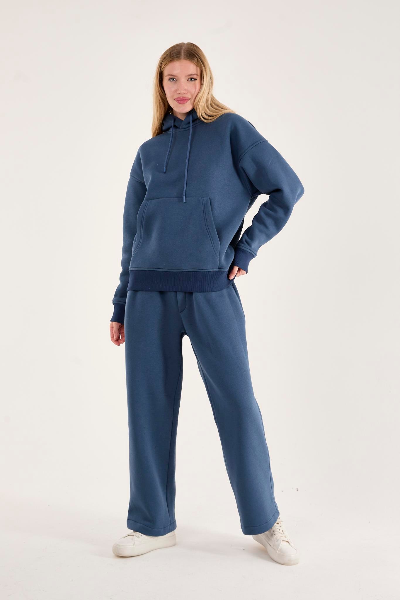 Q-1001 Q-4008 Kapüşonlu Sweat Bel Lastikli Pantolon Üç İplik Şardonlu Takım