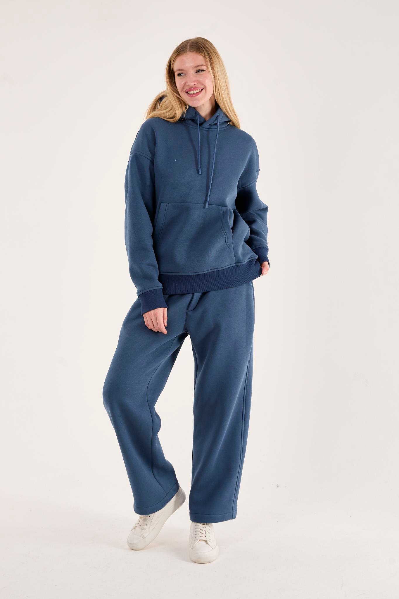 Q-1001 Q-4008 Kapüşonlu Sweat Bel Lastikli Pantolon Üç İplik Şardonlu Takım