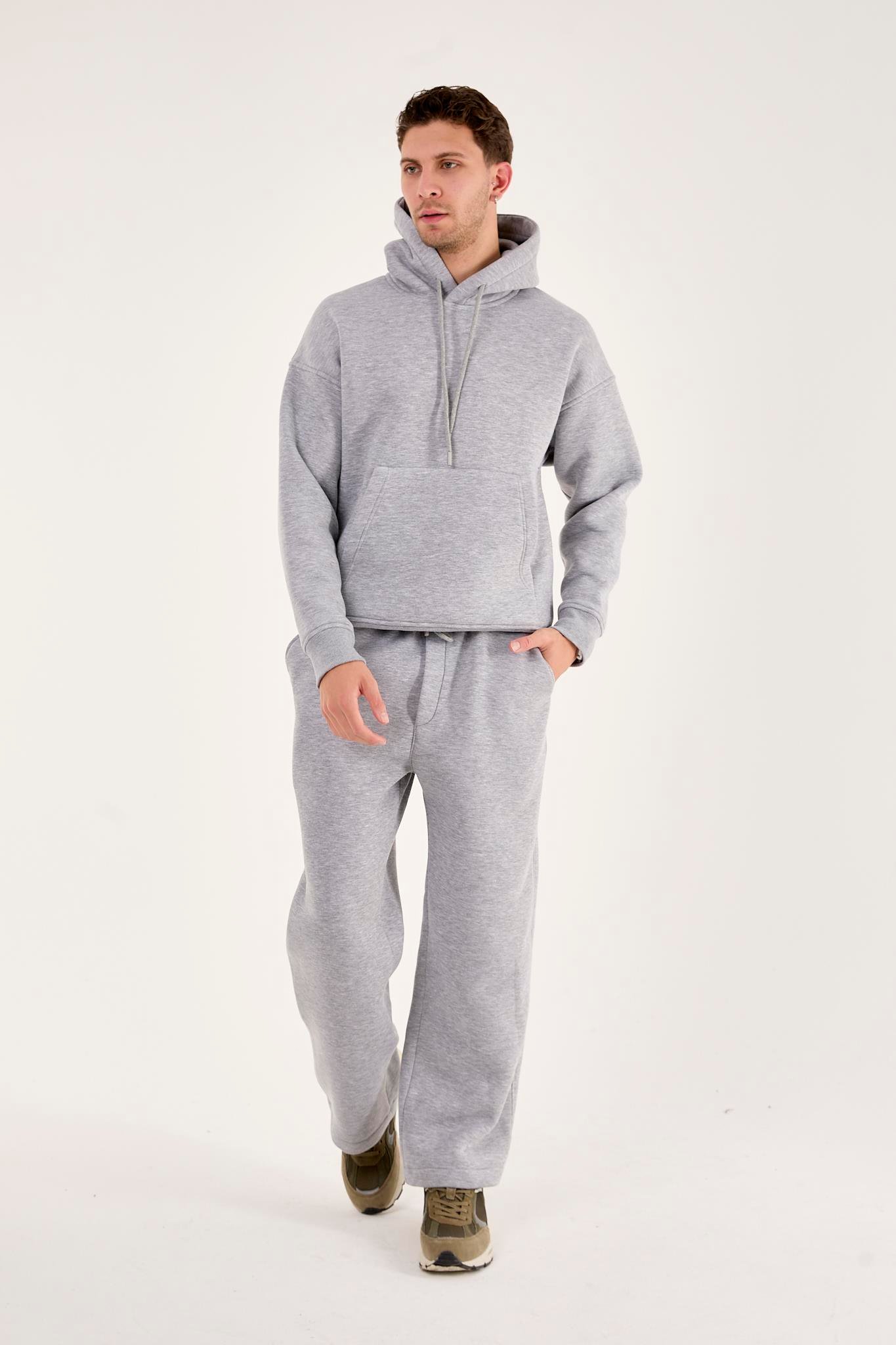 Q-1001 Q-4008 Kapüşonlu Sweat Bel Lastikli Pantolon Üç İplik Şardonlu Takım