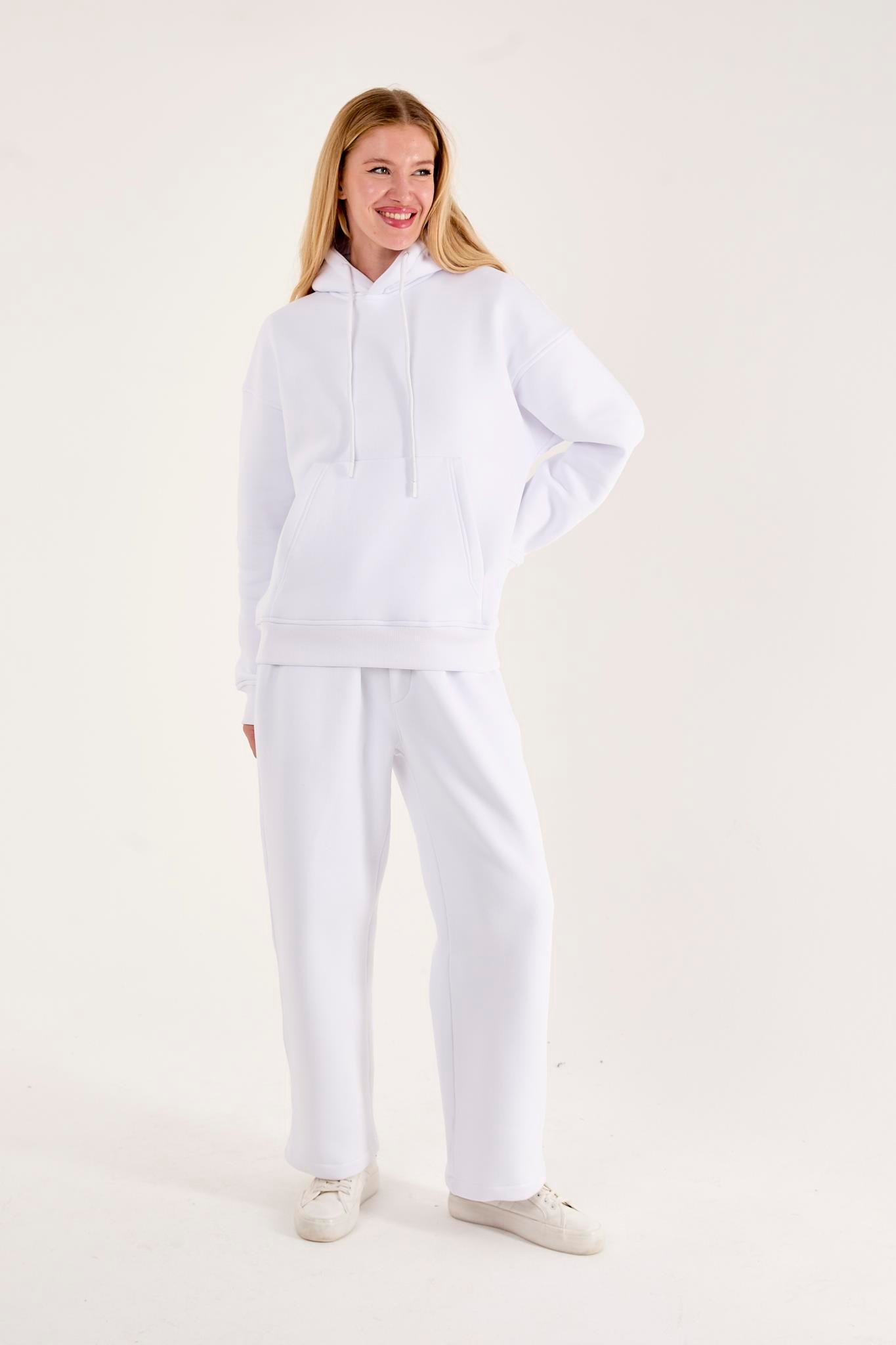 Q-1001 Q-4008 Kapüşonlu Sweat Bel Lastikli Pantolon Üç İplik Şardonlu Takım