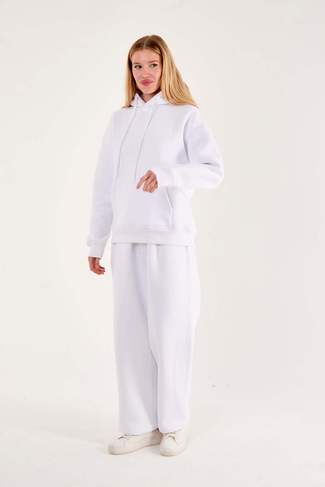 Q-1001 Q-4008 Kapüşonlu Sweat Bel Lastikli Pantolon Üç İplik Şardonlu Takım