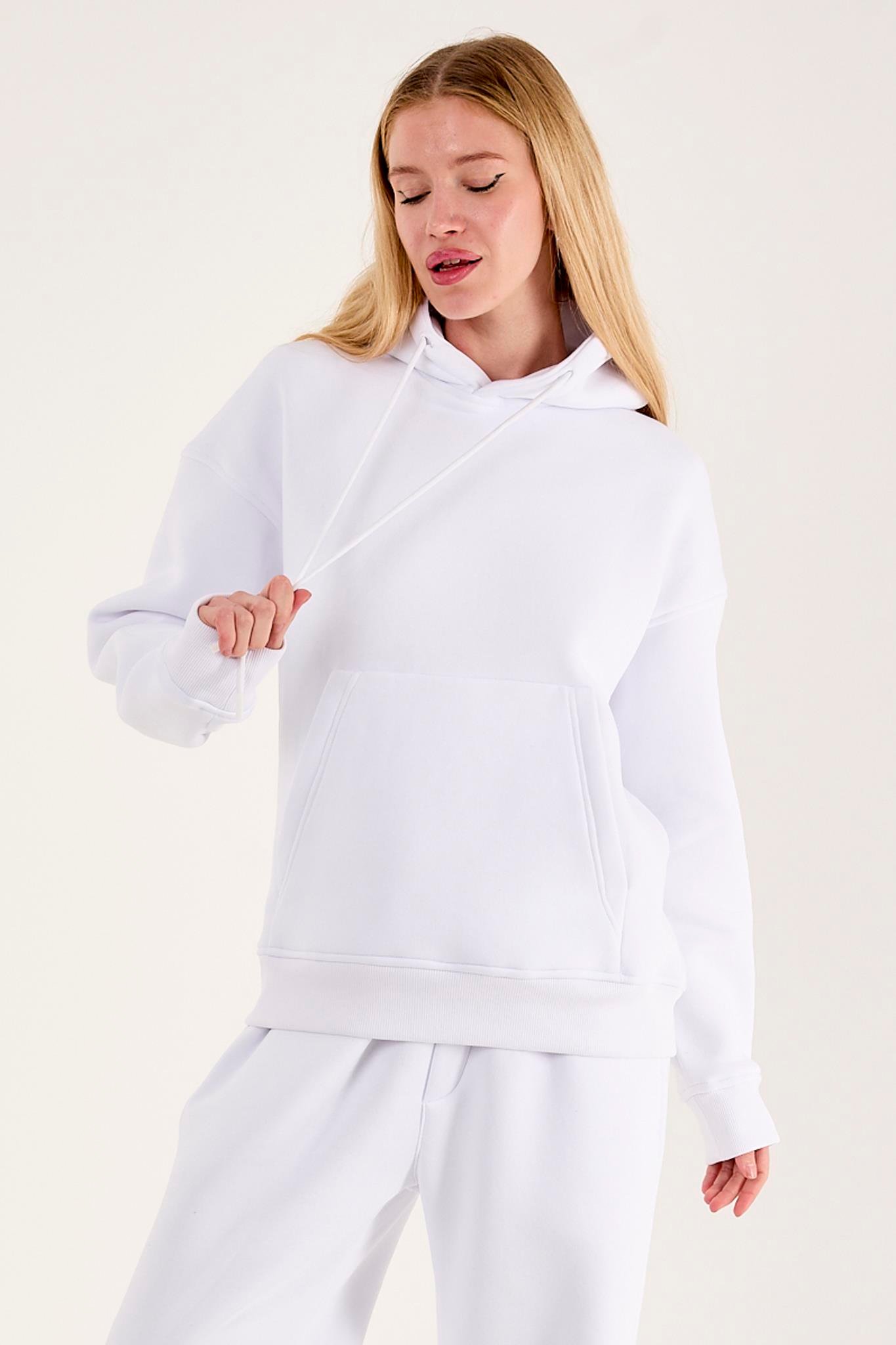 Q-1001 Q-4008 Kapüşonlu Sweat Bel Lastikli Pantolon Üç İplik Şardonlu Takım