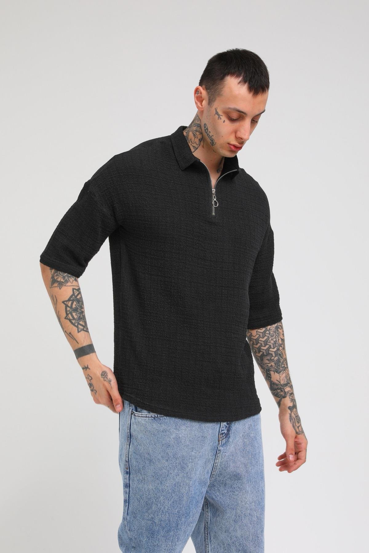 Q-3239 Ön Detayı Yarım Fermuarlı Oversize Gömlek