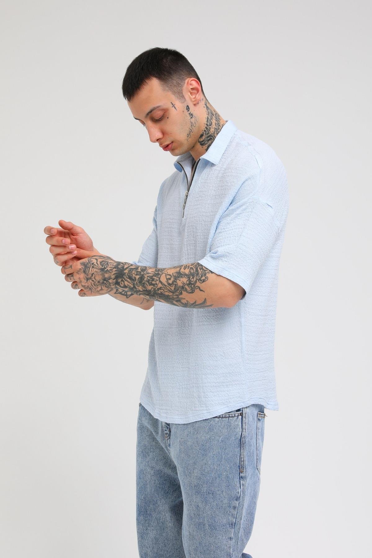 Q-3239 Ön Detayı Yarım Fermuarlı Oversize Gömlek
