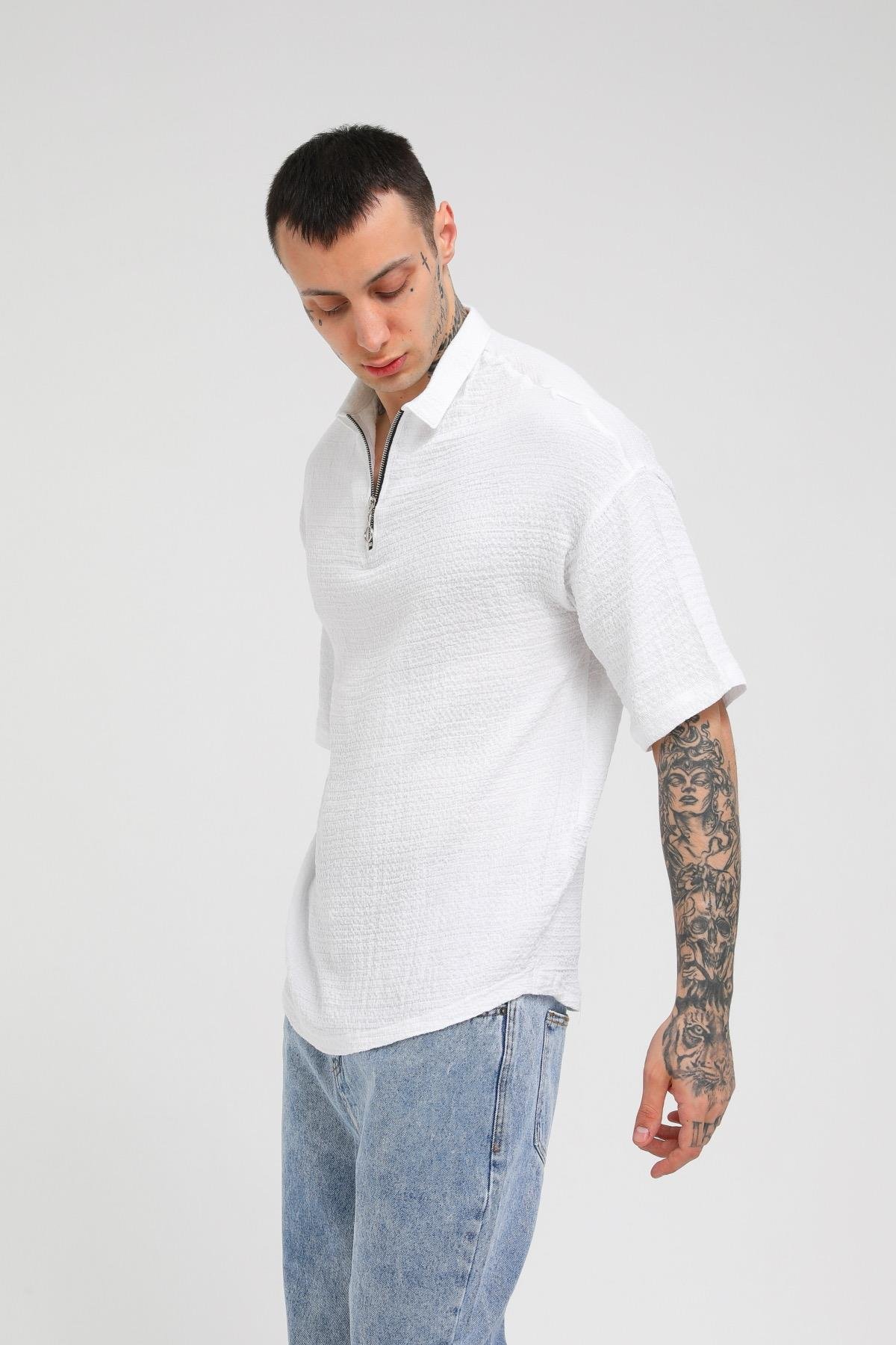 Q-3239 Ön Detayı Yarım Fermuarlı Oversize Gömlek