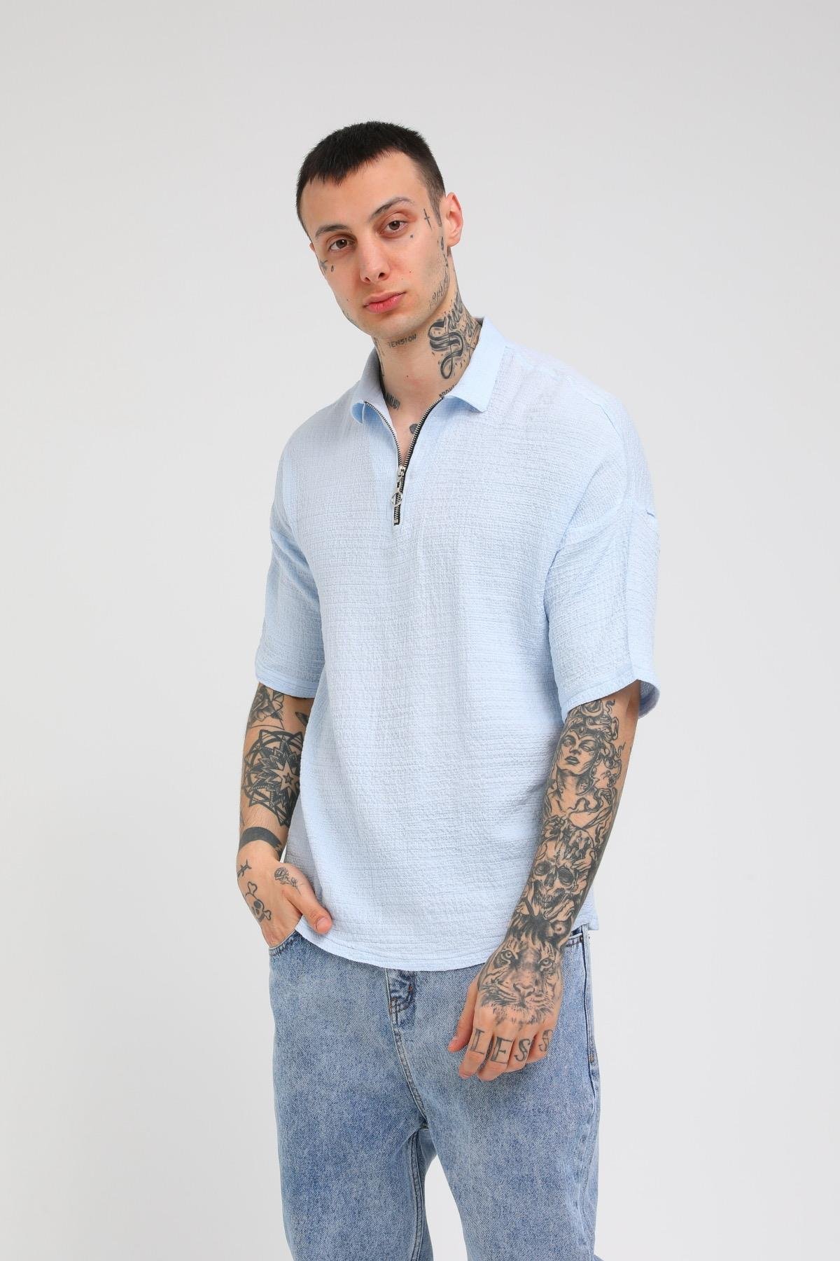 Q-3239 Ön Detayı Yarım Fermuarlı Oversize Gömlek