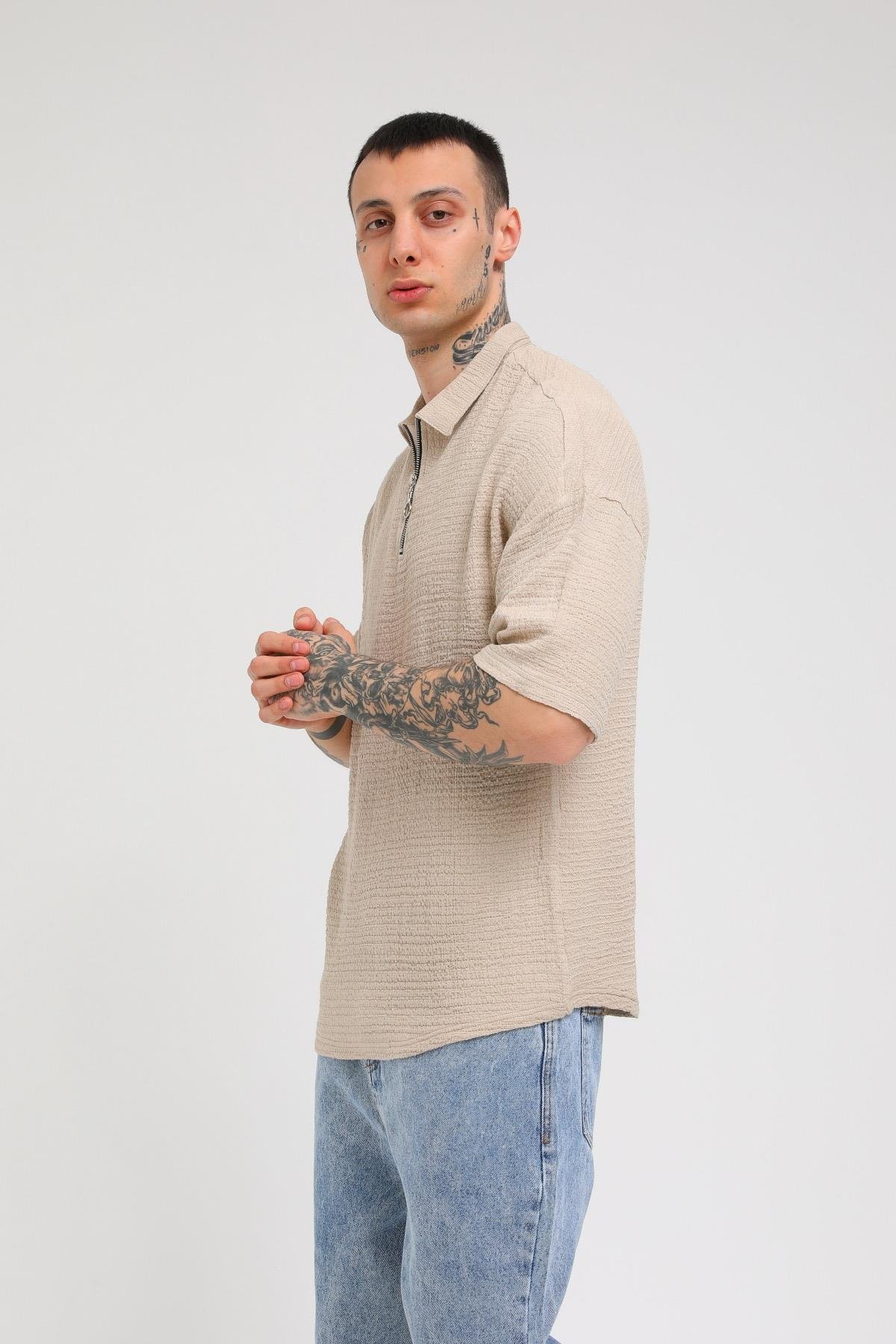 Q-3239 Ön Detayı Yarım Fermuarlı Oversize Gömlek