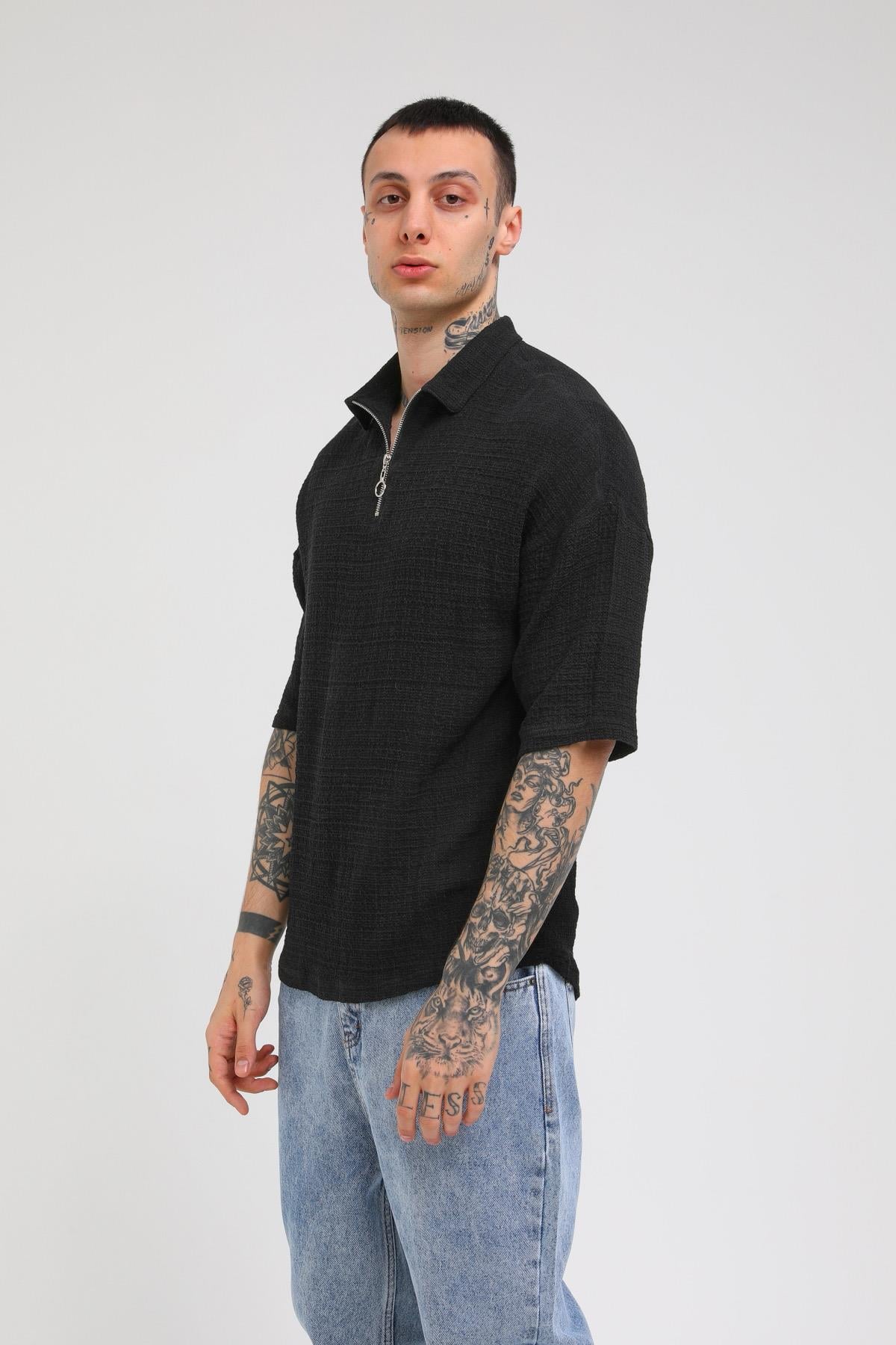 Q-3239 Ön Detayı Yarım Fermuarlı Oversize Gömlek