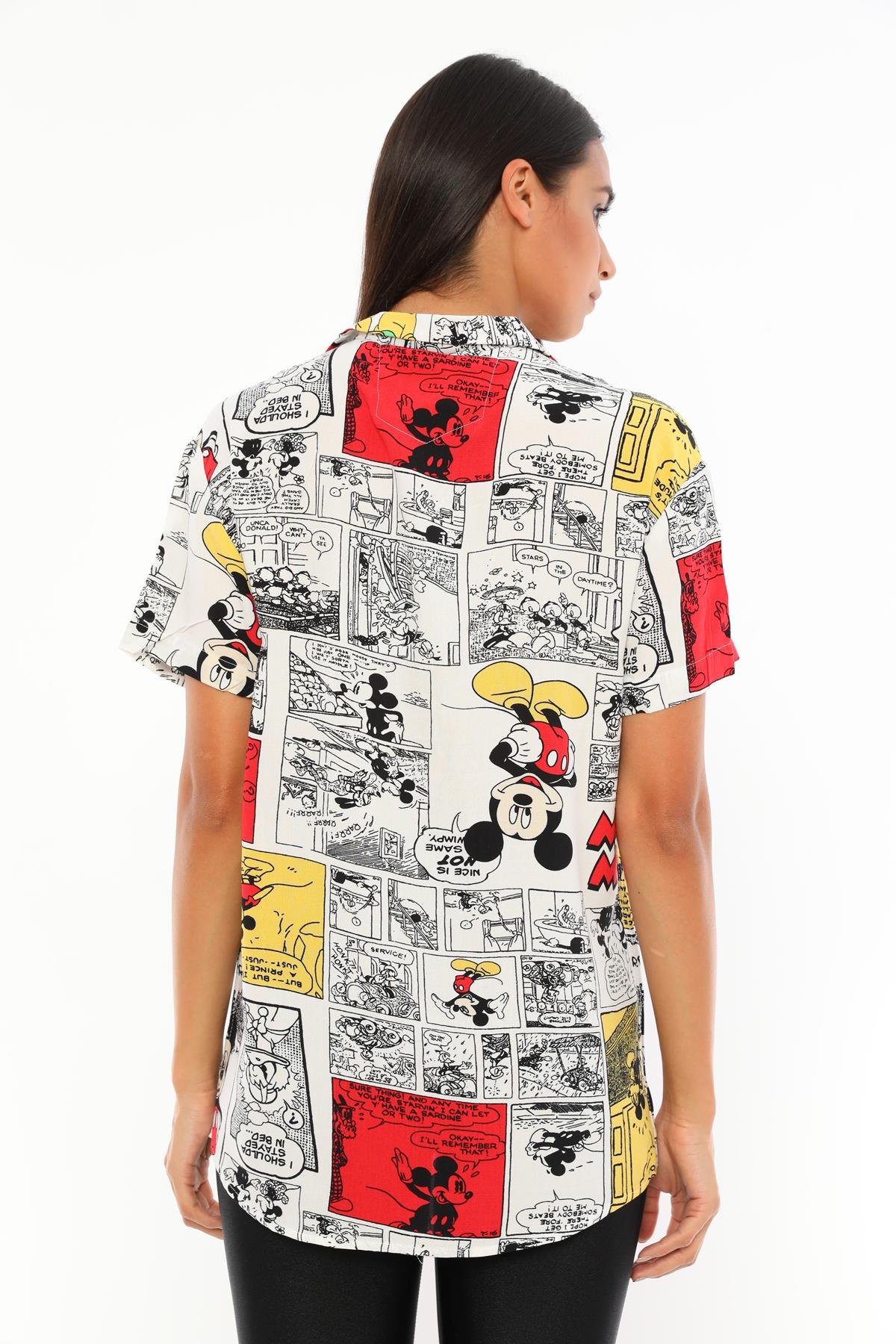 Q-3342 Mickey Karikatürlü Apaş Yaka Detaylı Kısa Kol Gömlek
