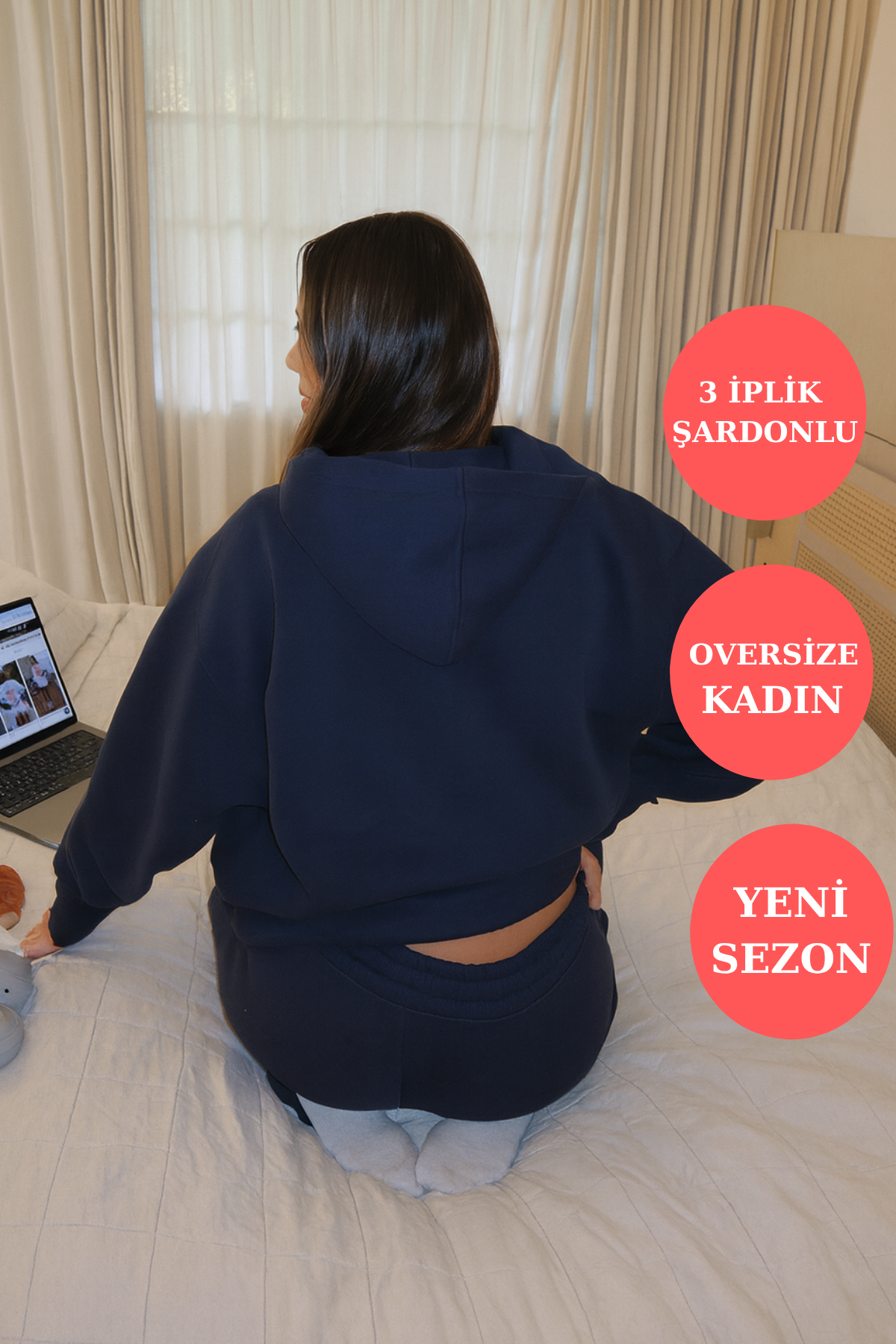 Q-4008 Kapüşonlu Üç İp Şardonlu Sweat