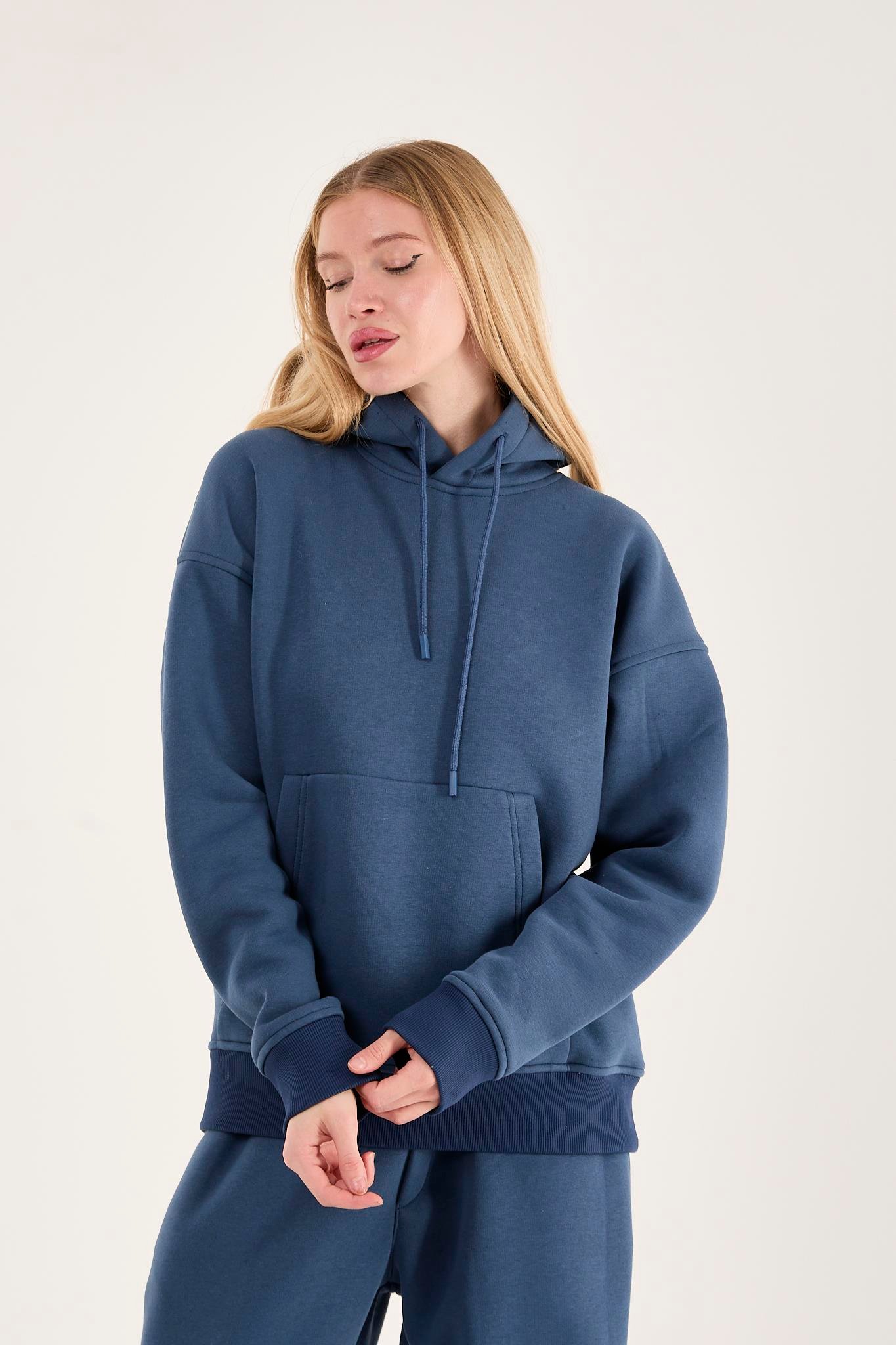 Q-4008 Kapüşonlu Üç İp Şardonlu Sweat