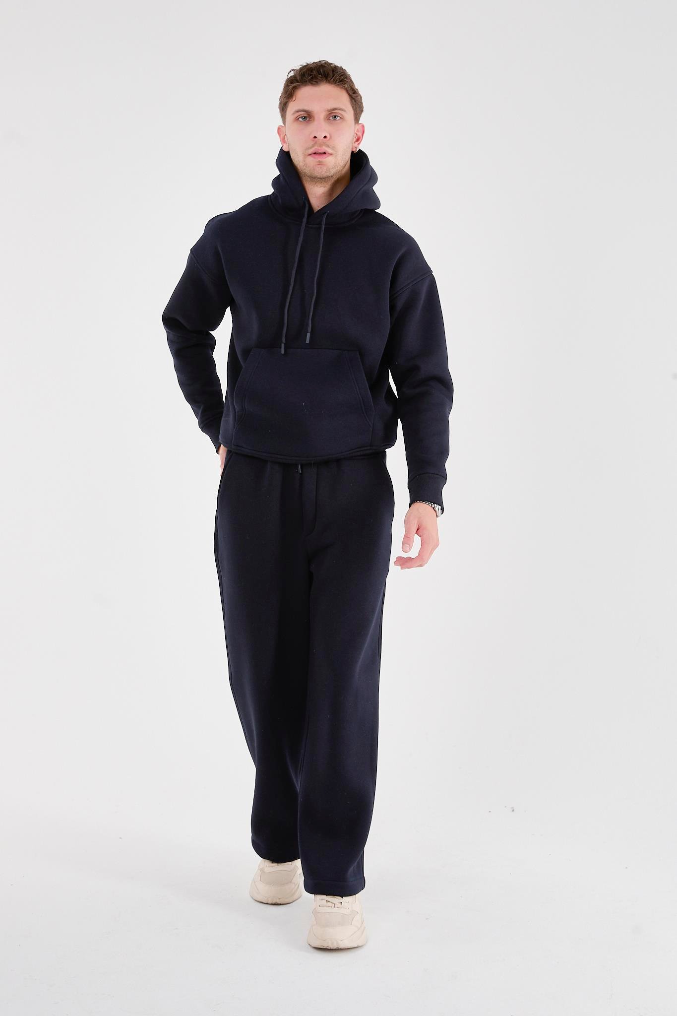 Q-4008 Kapüşonlu Üç İp Şardonlu Sweat