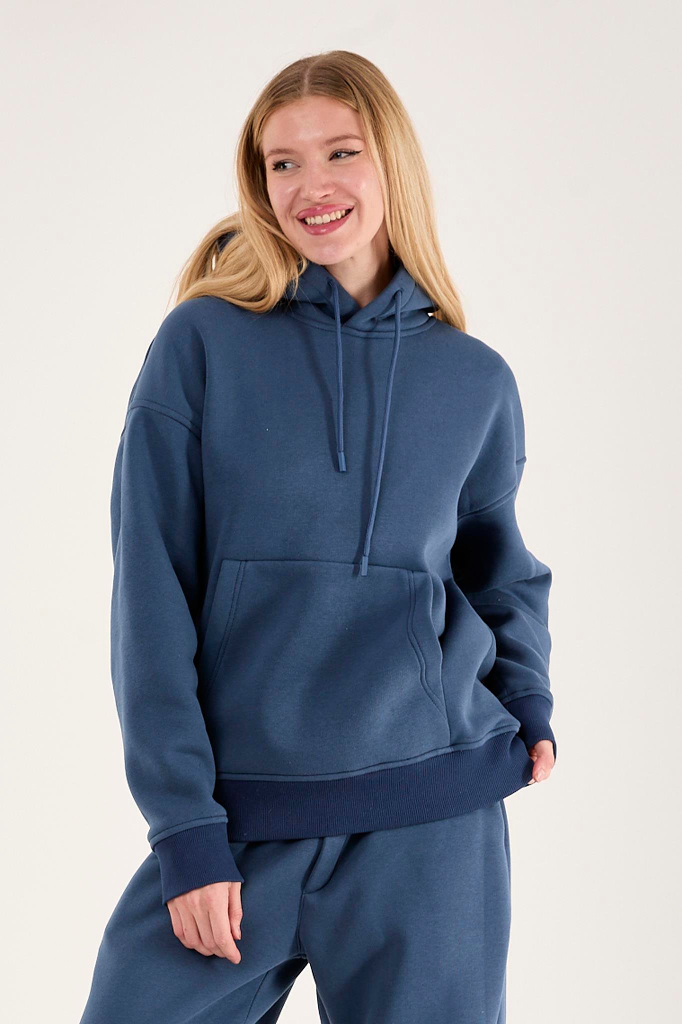 Q-4008 Kapüşonlu Üç İp Şardonlu Sweat