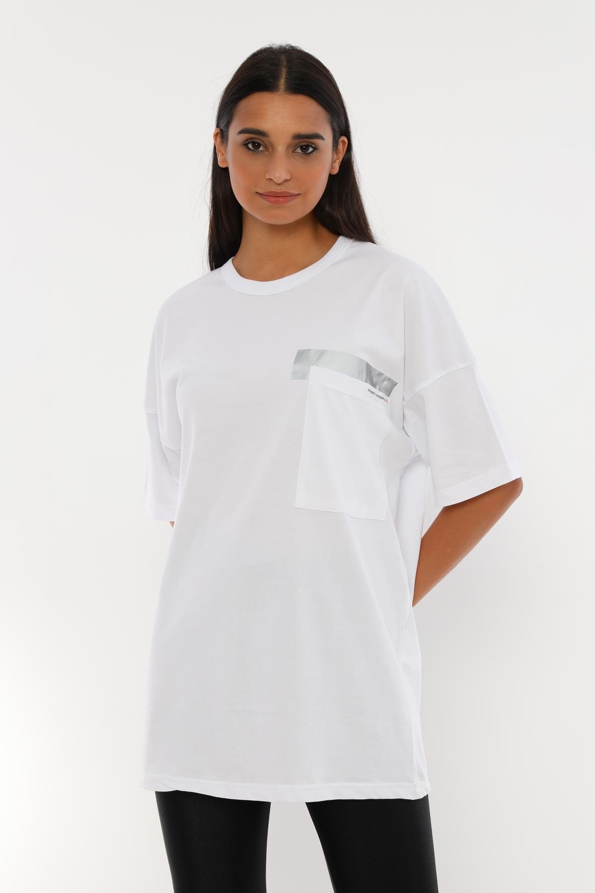 Q-5236 Cep Üstü Reflektör Baskı Detaylı Oversize T-shirt