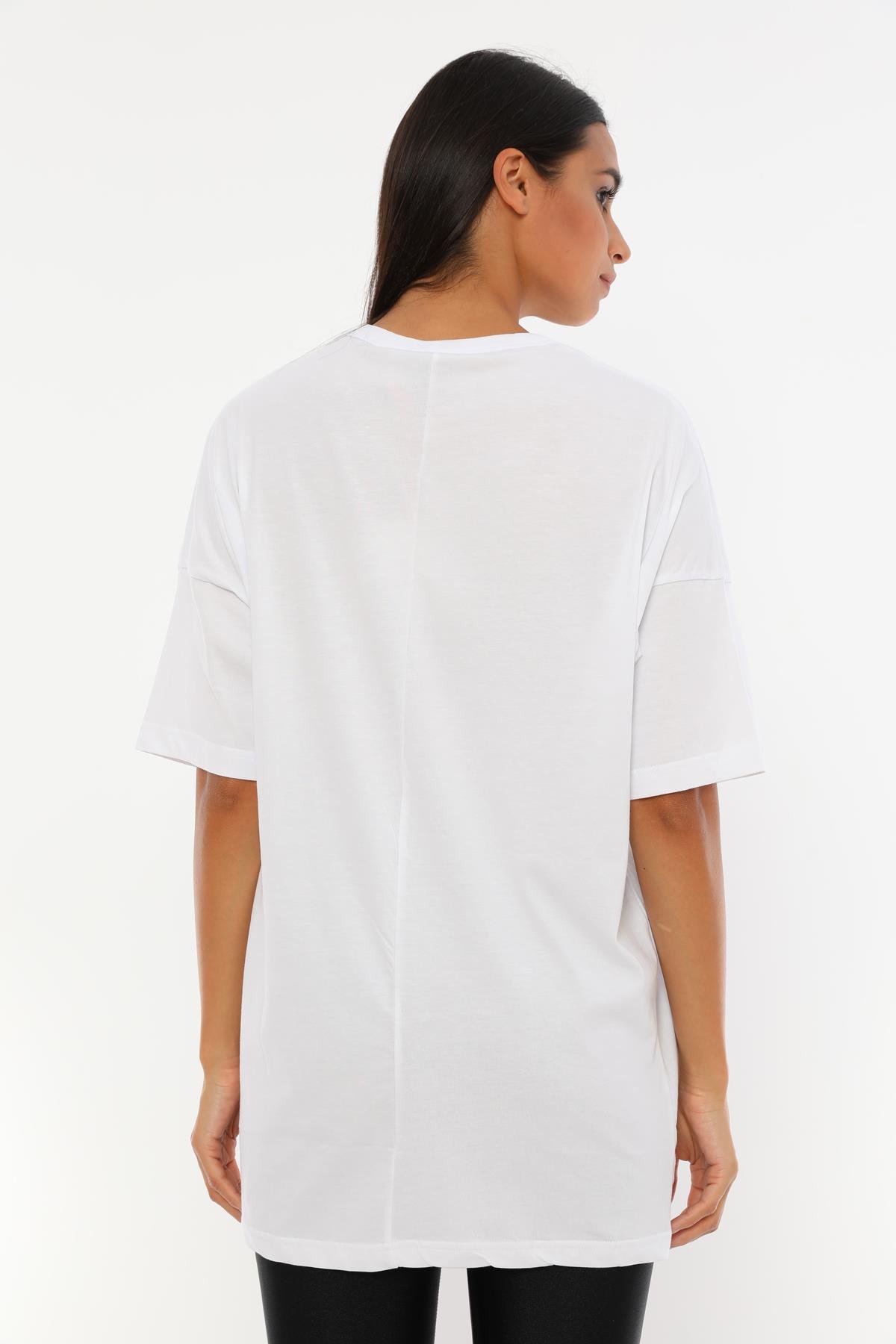 Q-5236 Cep Üstü Reflektör Baskı Detaylı Oversize T-shirt