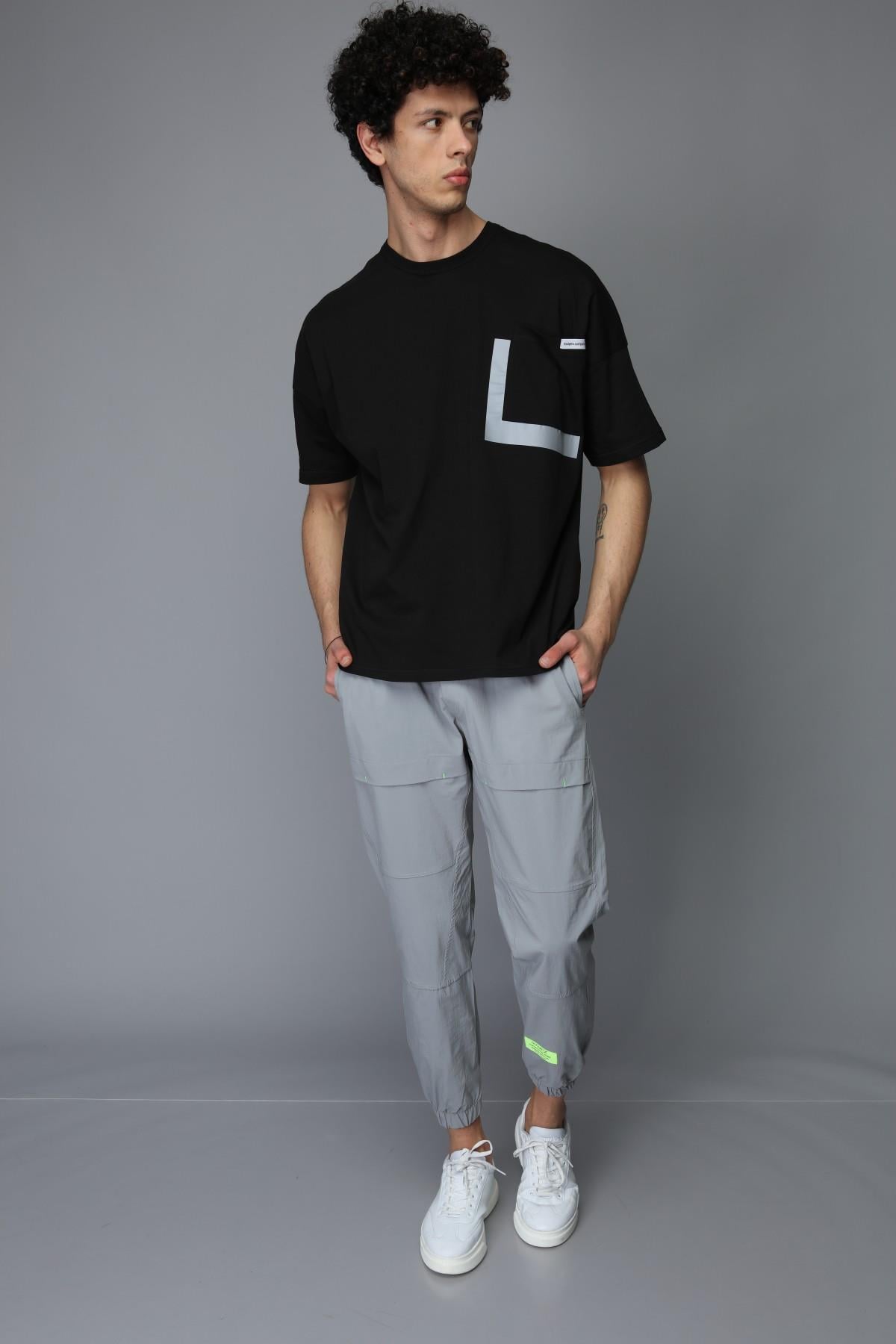 Q-5258 Cep Yanı Ve Cep Altı Reflektör Baskı Detaylı Oversize T-shirt