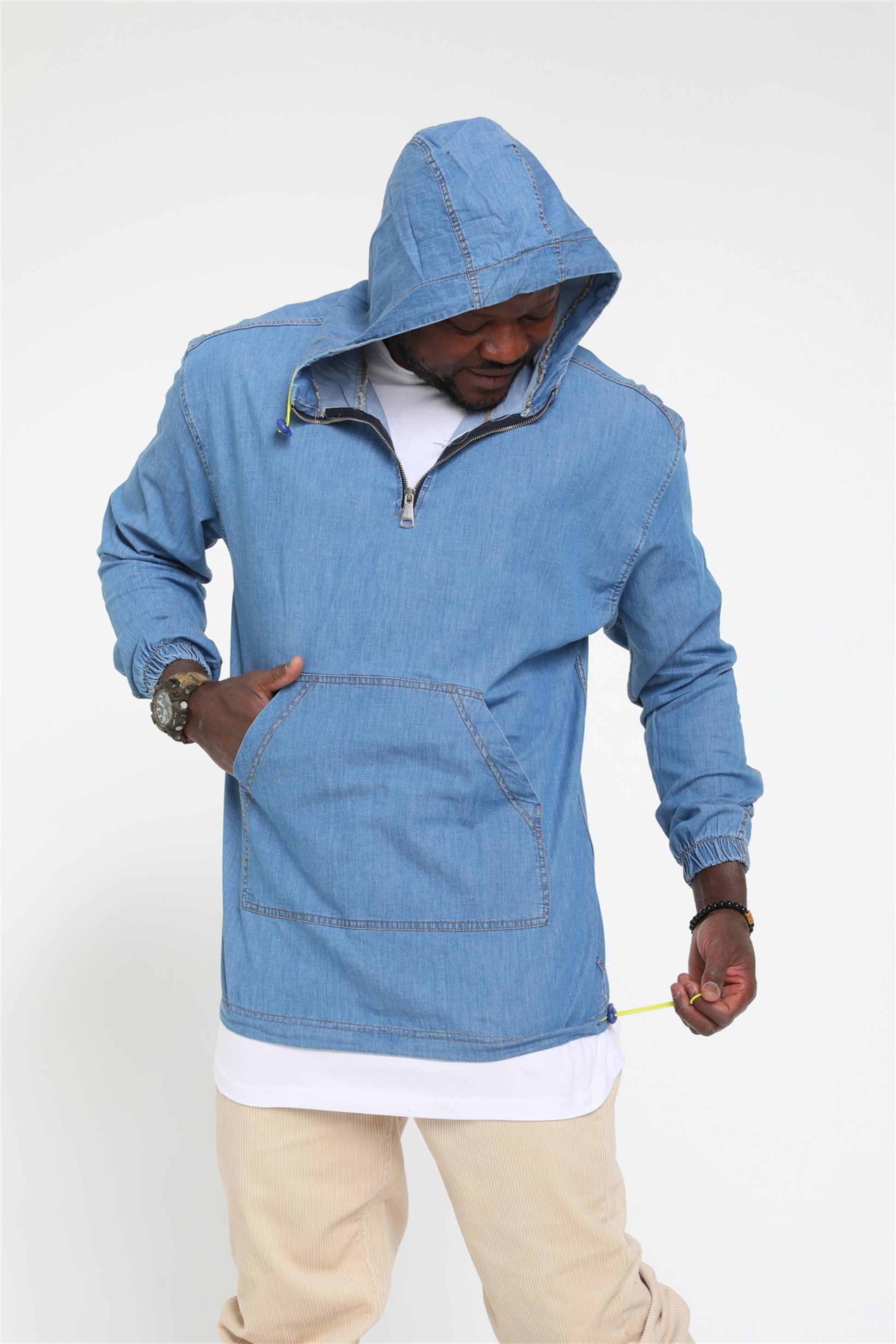 R-1751 KAPÜŞONLU KANGURU CEPLİ  KOT SWEAT