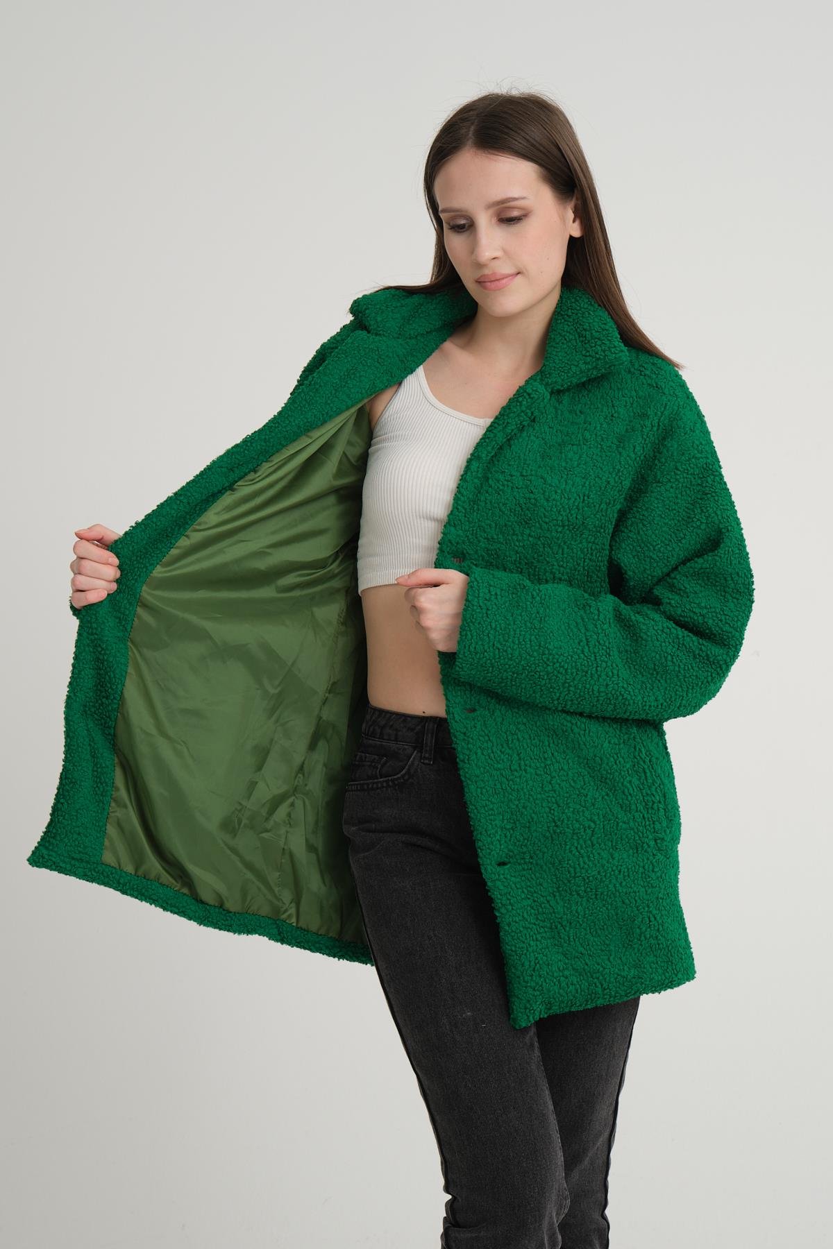 R-2326 Ceket Yaka Astarlı Uzun Peluş Ceket