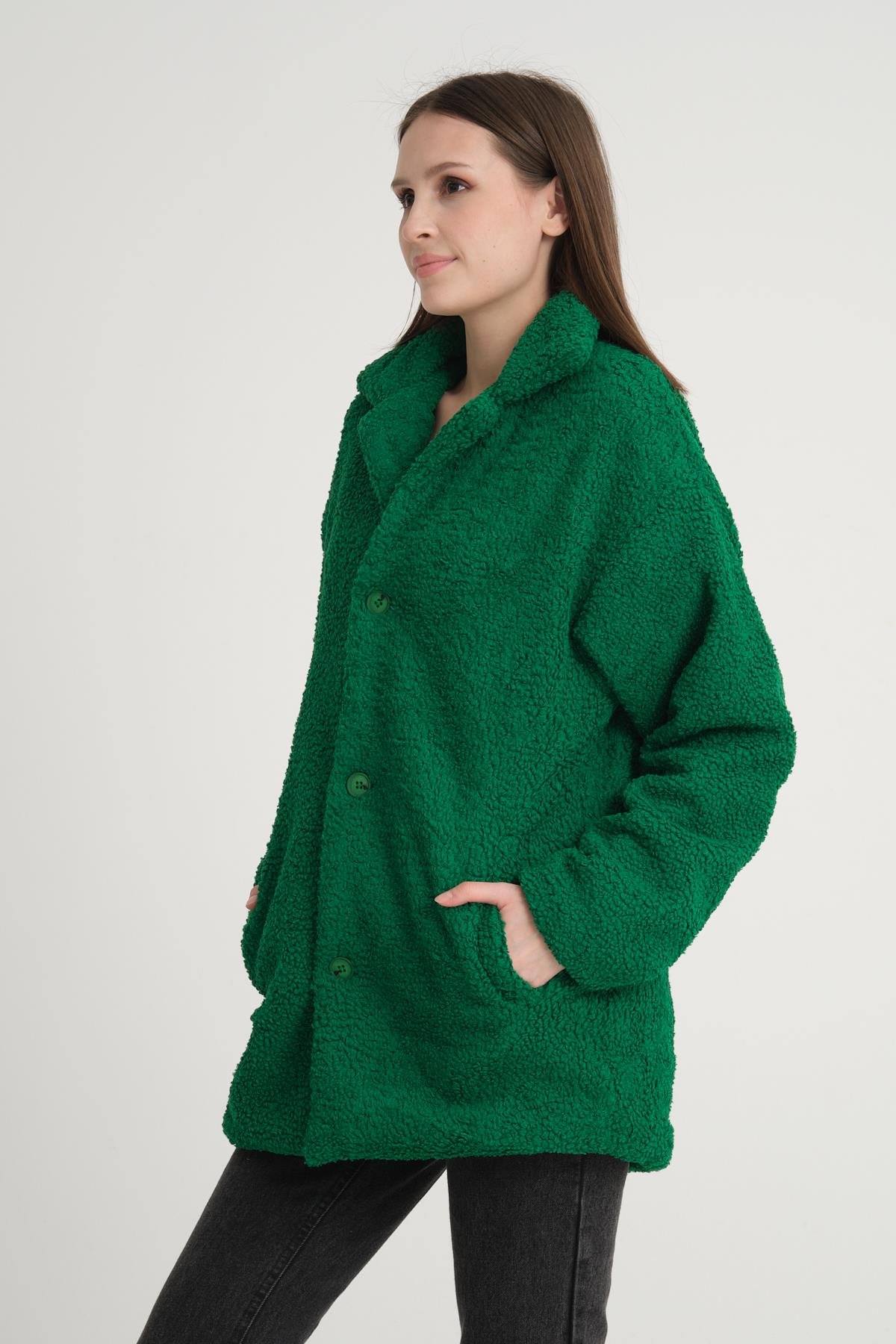 R-2326 Ceket Yaka Astarlı Uzun Peluş Ceket
