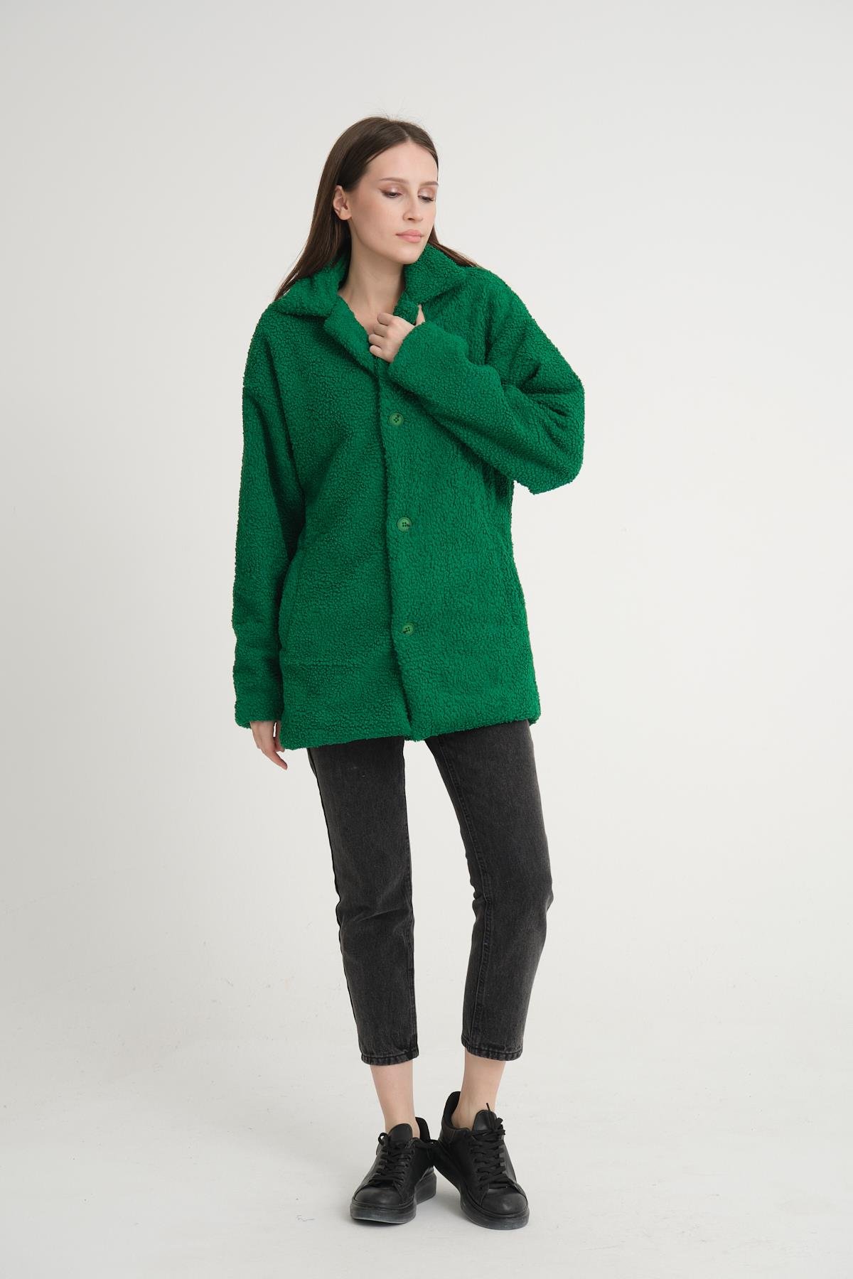 R-2326 Ceket Yaka Astarlı Uzun Peluş Ceket