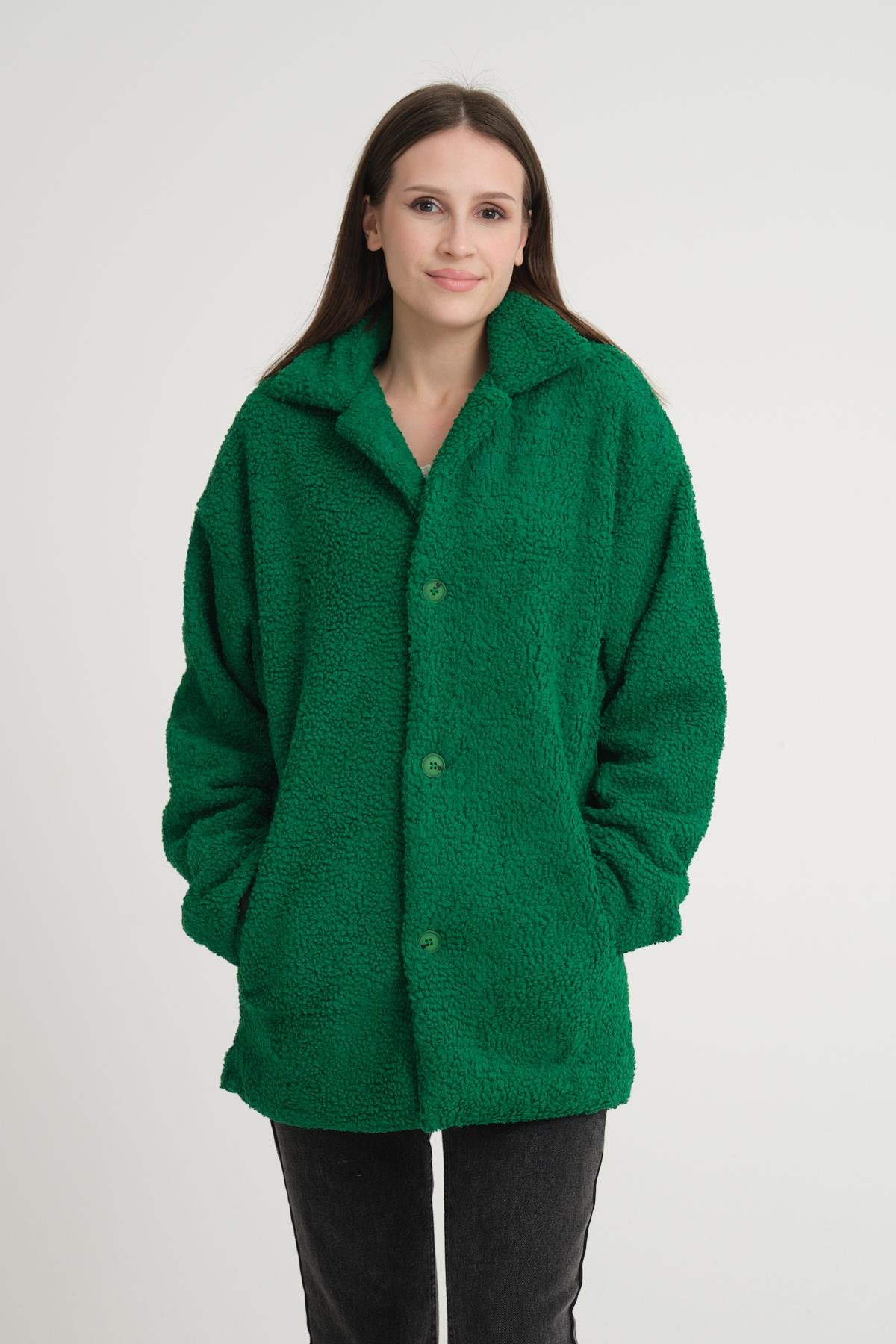 R-2326 Ceket Yaka Astarlı Uzun Peluş Ceket